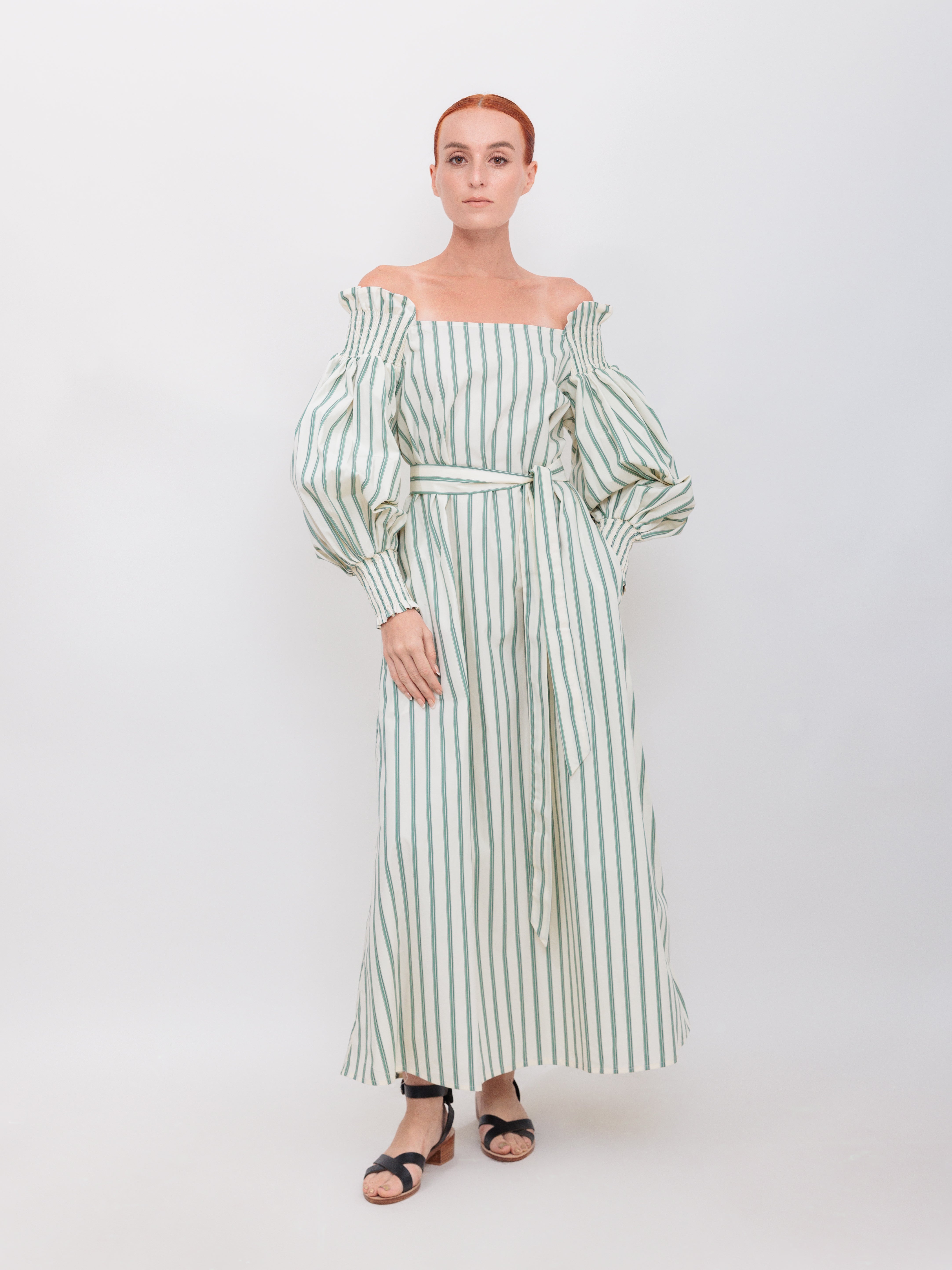 Off the Shoulder Maxi Dress Green Double Stripe Cotton