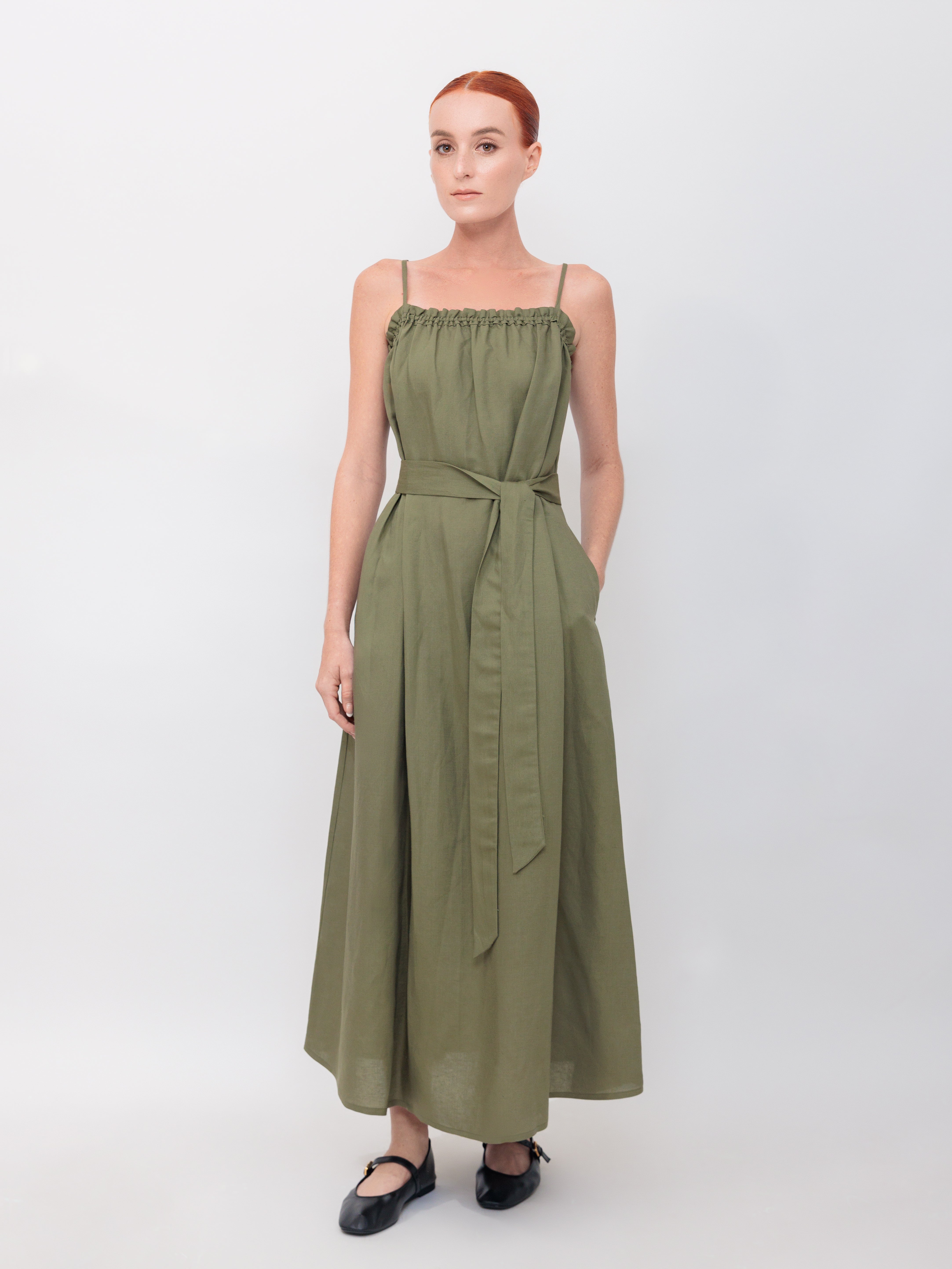 Ruffle Tank Maxi Dress in Army Green Linen