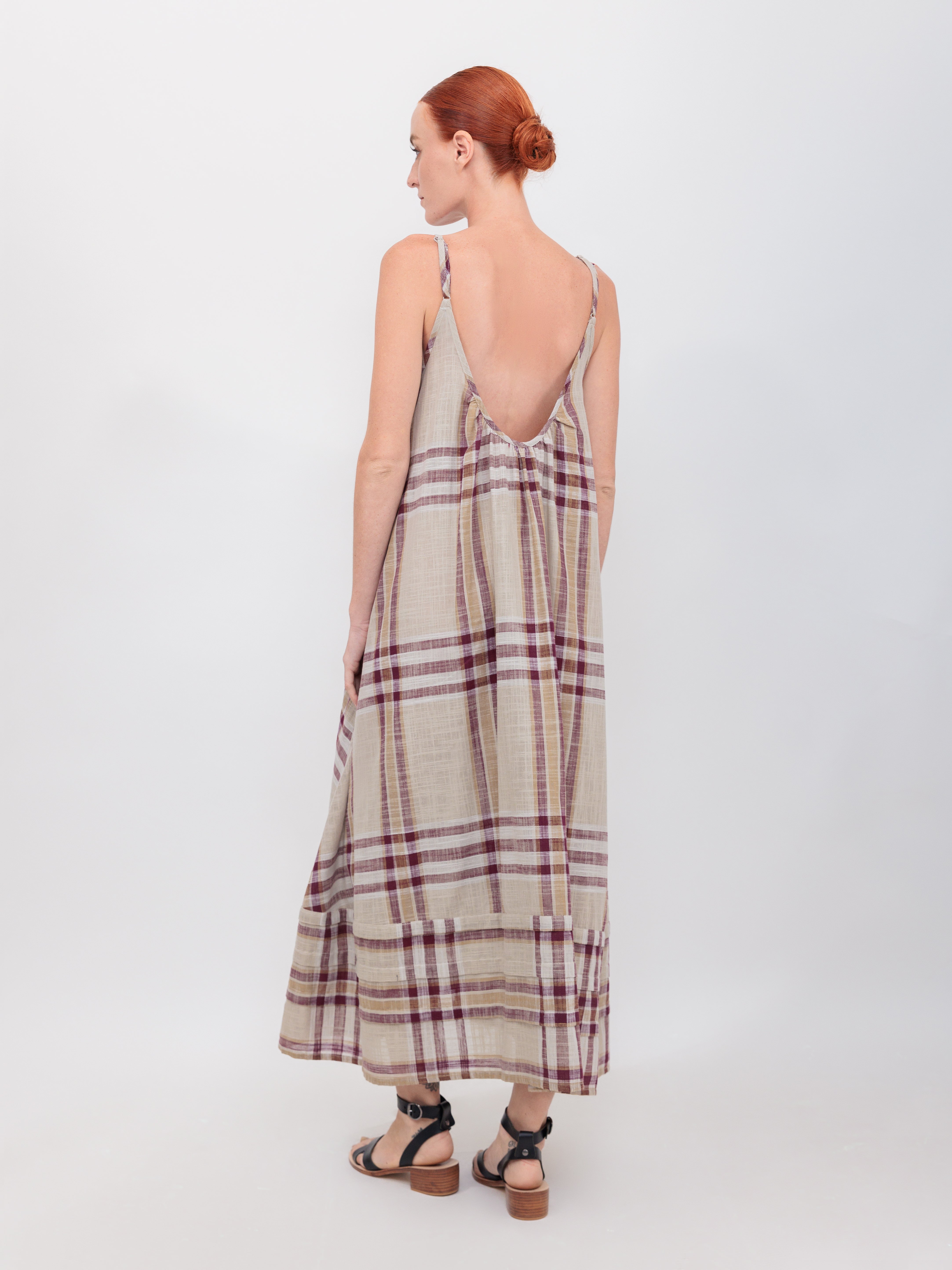 Pleated A-Line Maxi Tank Dress in Maroon Windowpane