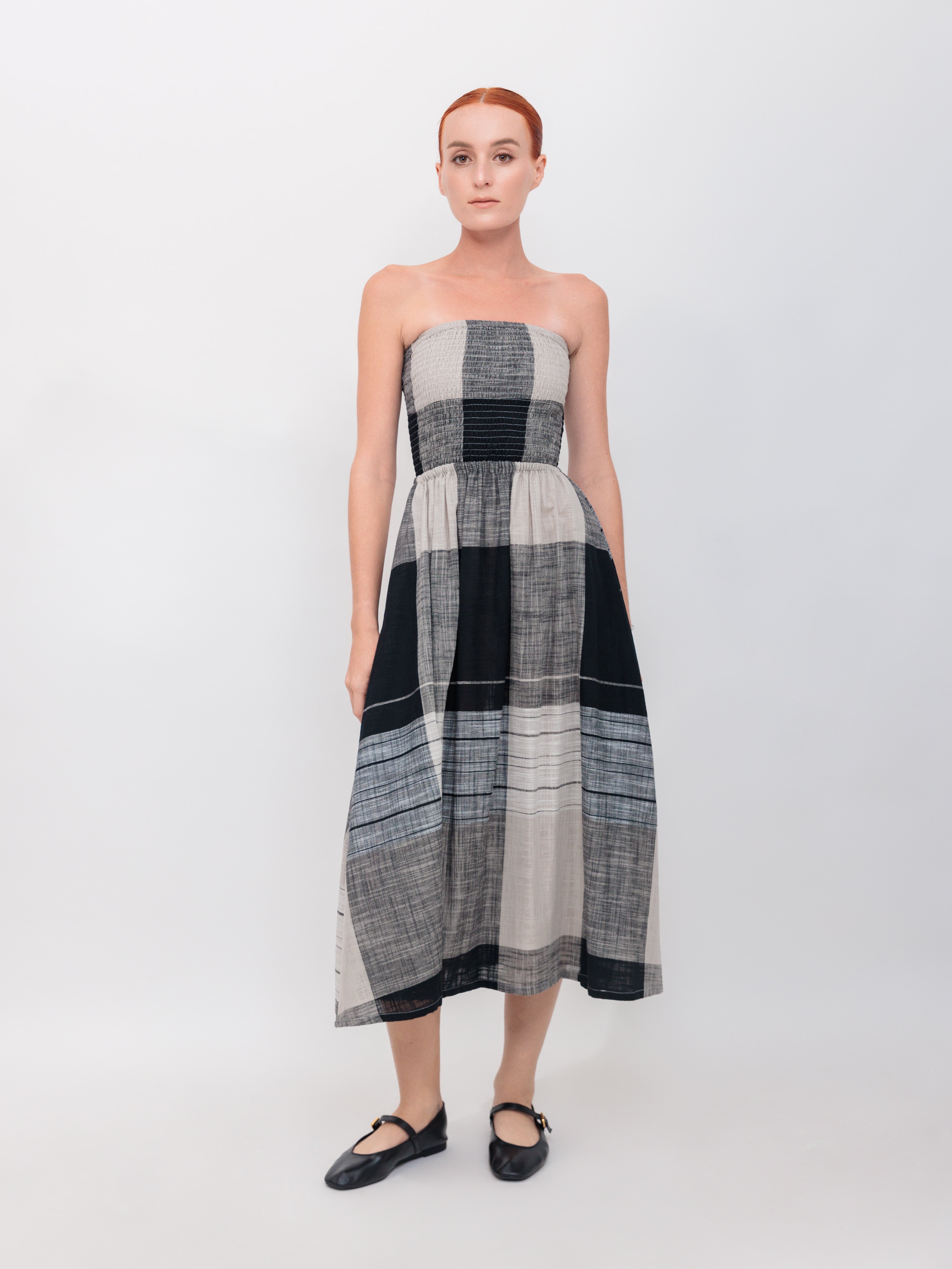 Shirred Tube Top Midi Dress in Black Windowpane