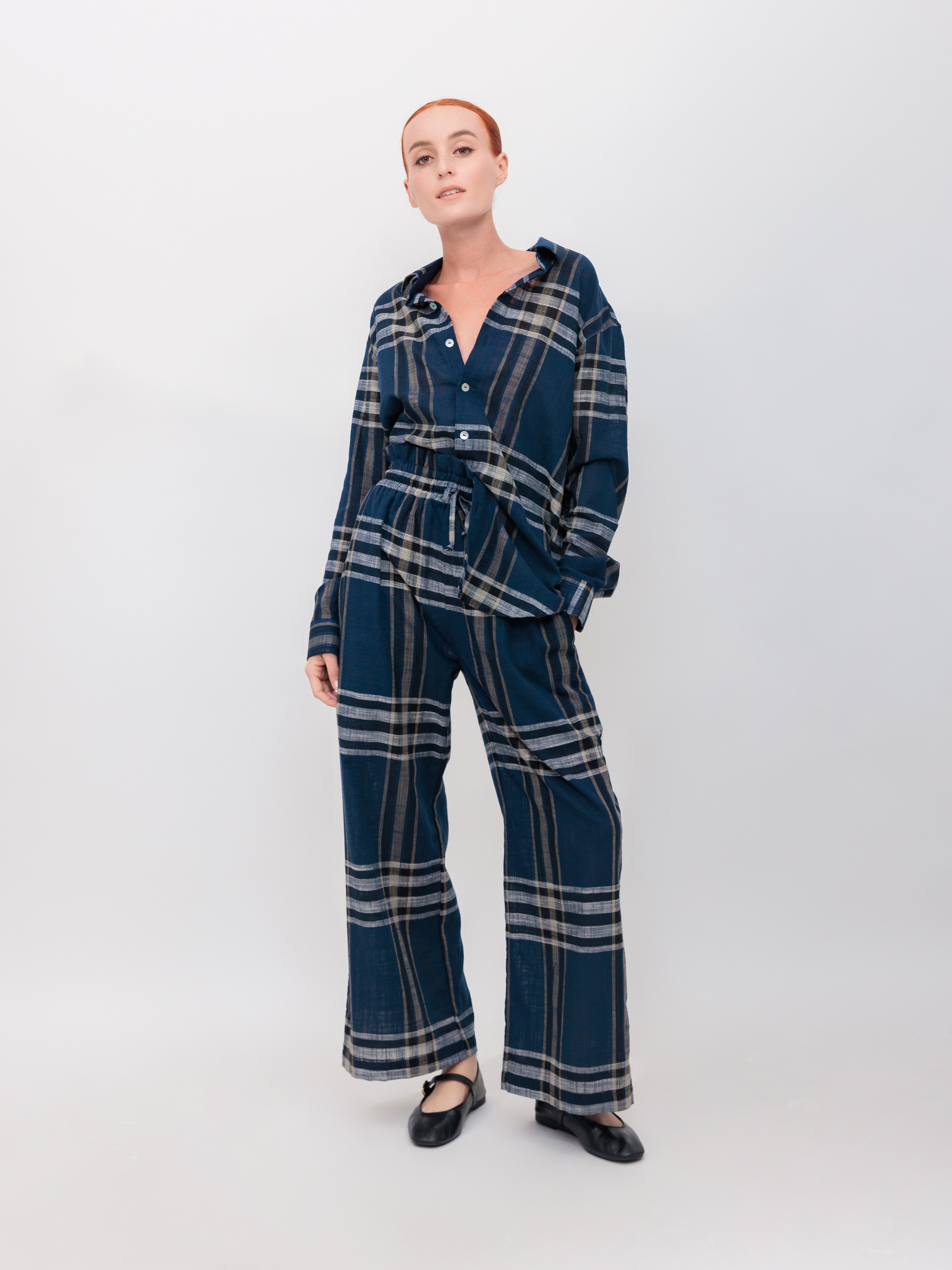 High Waisted Lounge Pants in Navy Windowpane