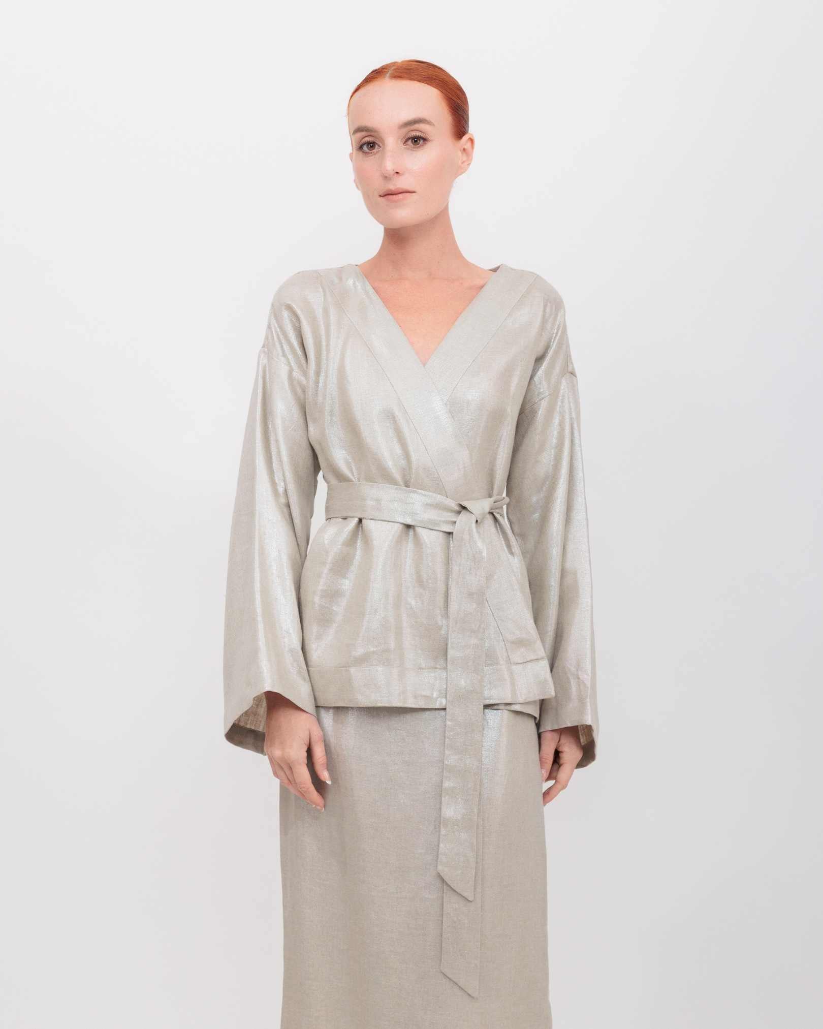 Kimono Long Sleeve Wrap Top in Champagne Shimmer Twill Linen