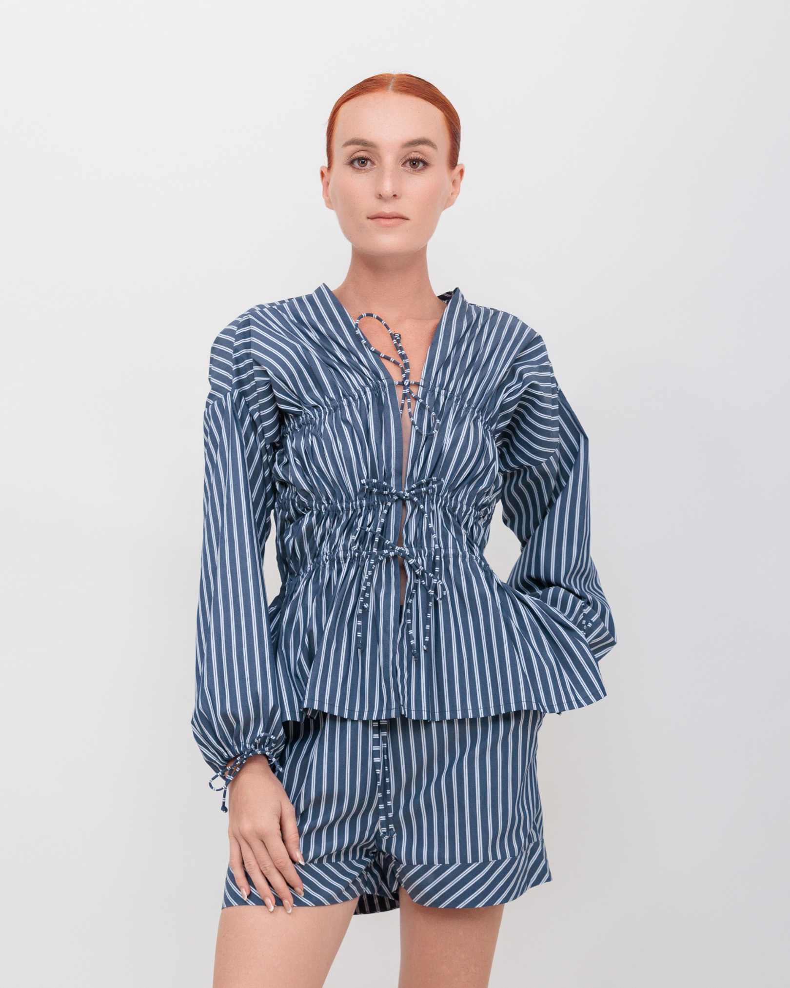 Long Sleeve 3 Tier Bias Cut Top in Navy Double Stripe Cotton