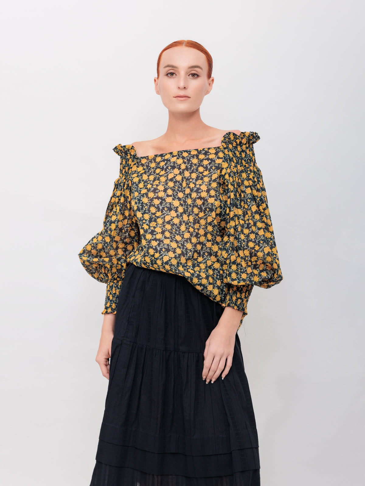 Off-The-Shoulder Top in Blue Floral Cotton