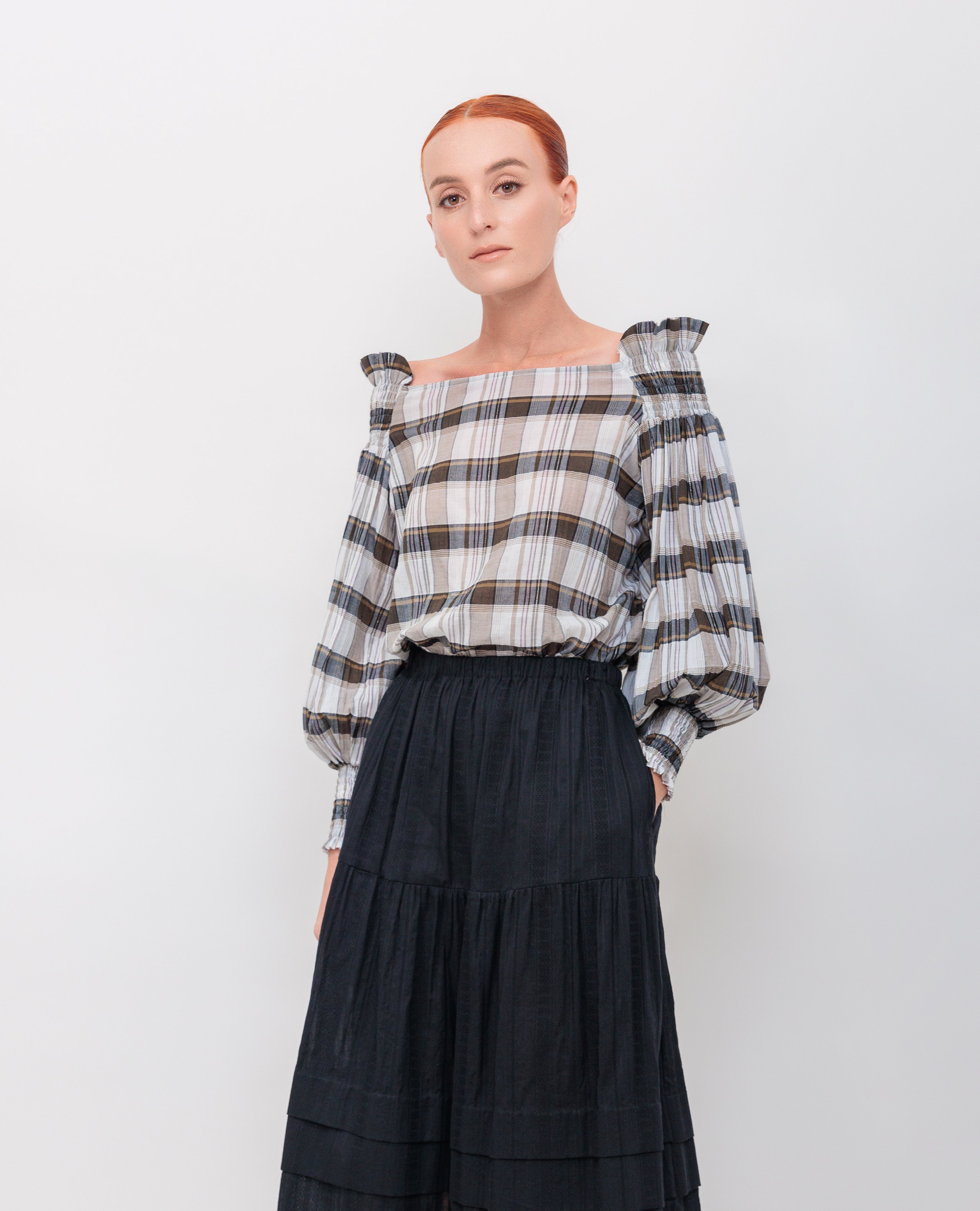 Off-The-Shoulder Ruffle Top in Black Cotton Gauze Windowpane