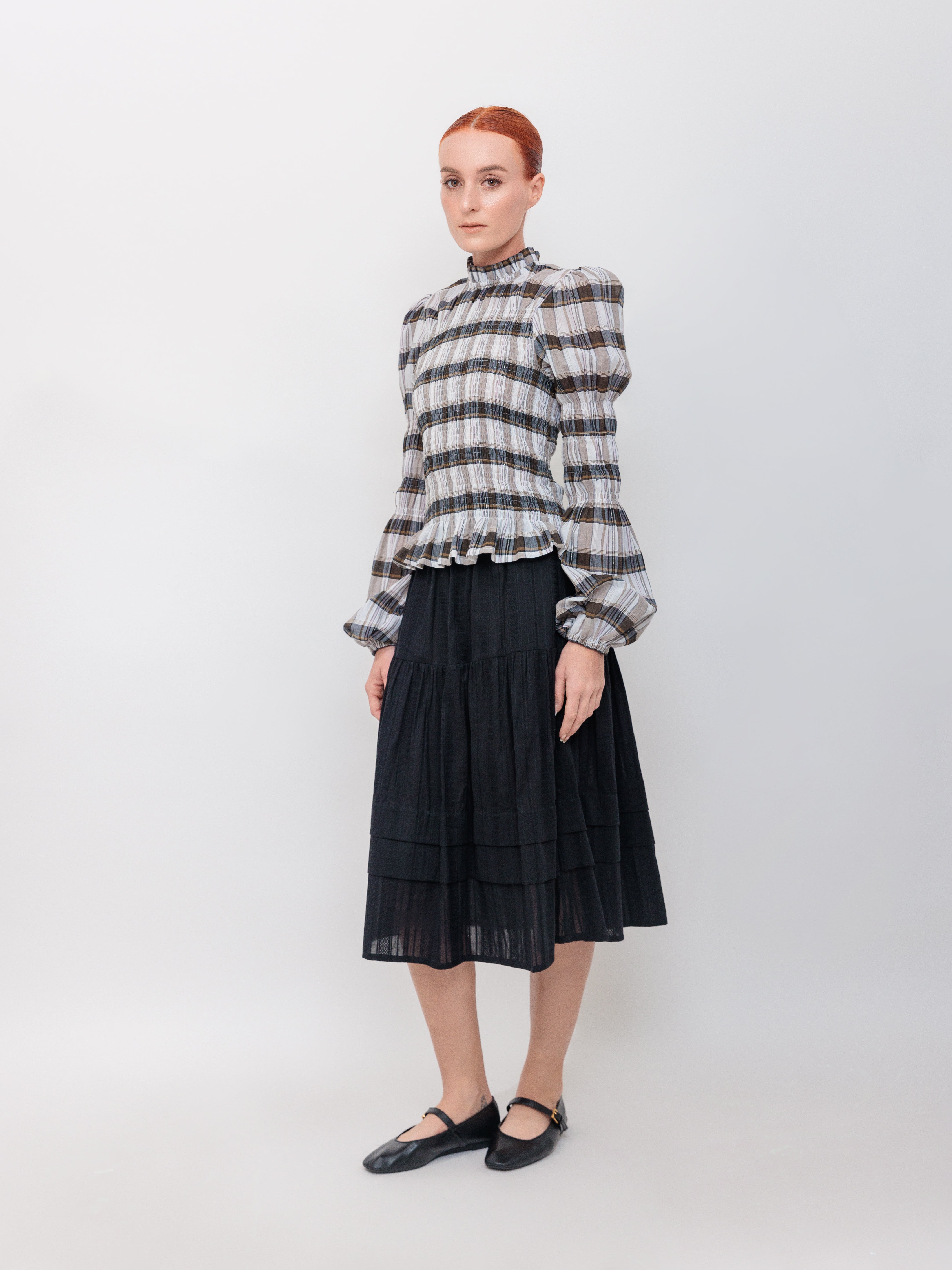 Shirred Turtleneck in Black Cotton Gauze Windowpane