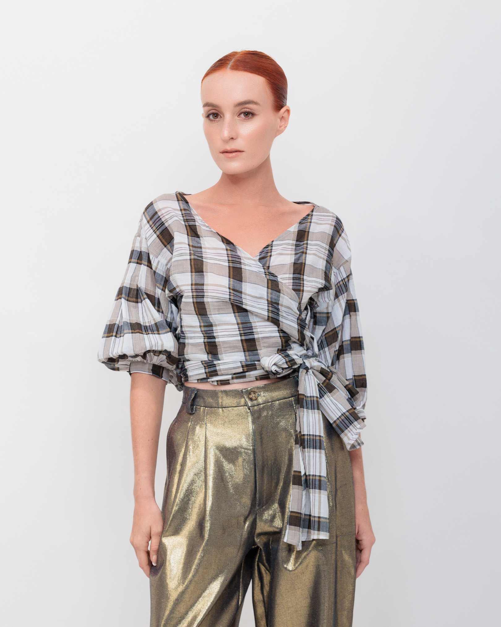 Wrap Top in Black Cotton Gauze Windowpane