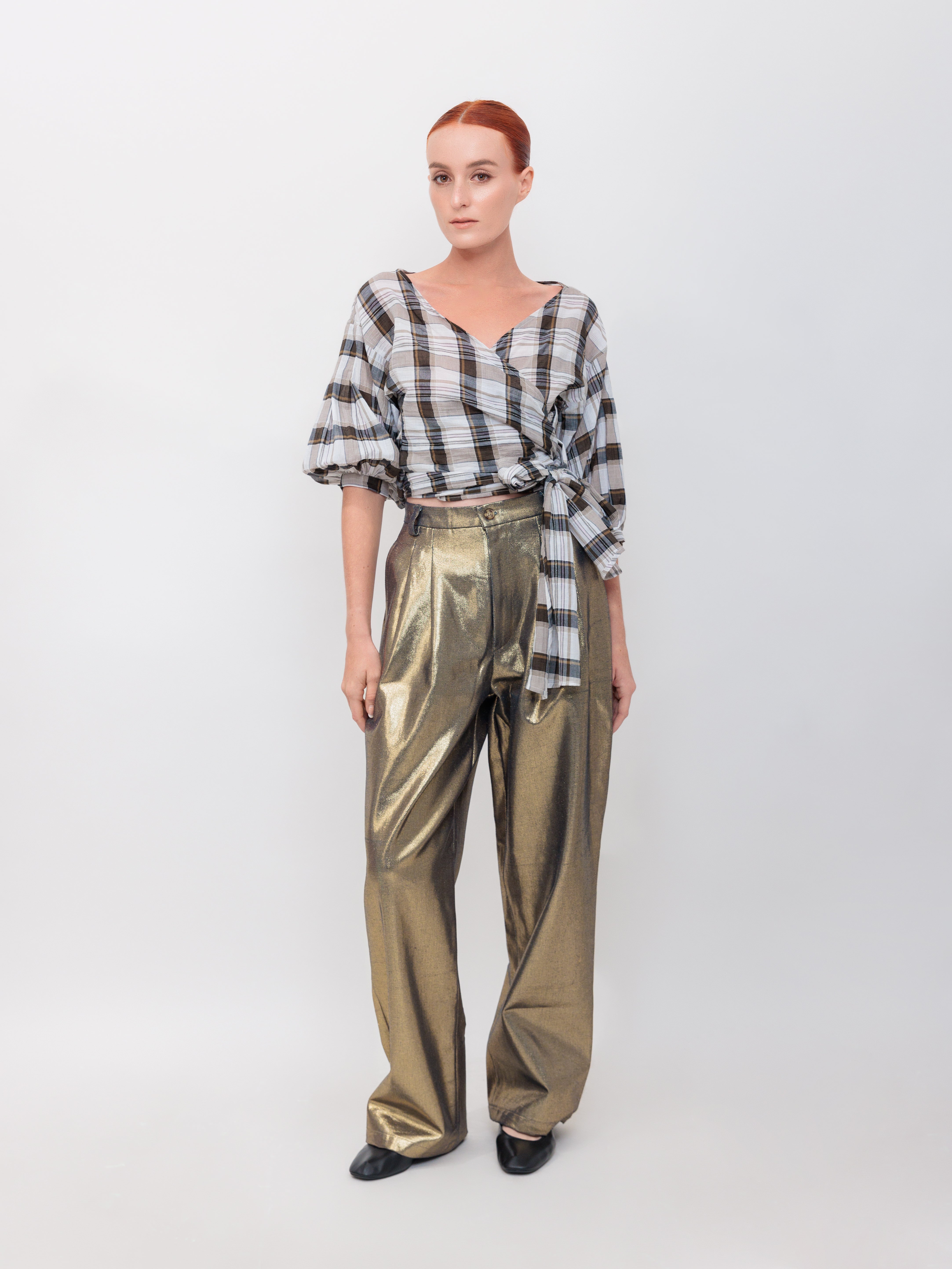 Wrap Top in Black Cotton Gauze Windowpane