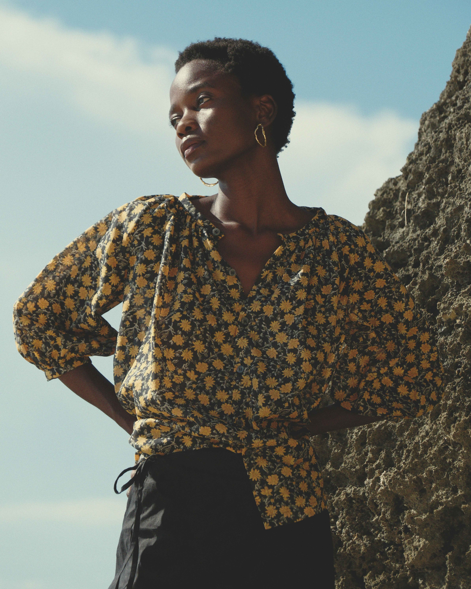 Button-Down Top in Orange Floral Cotton