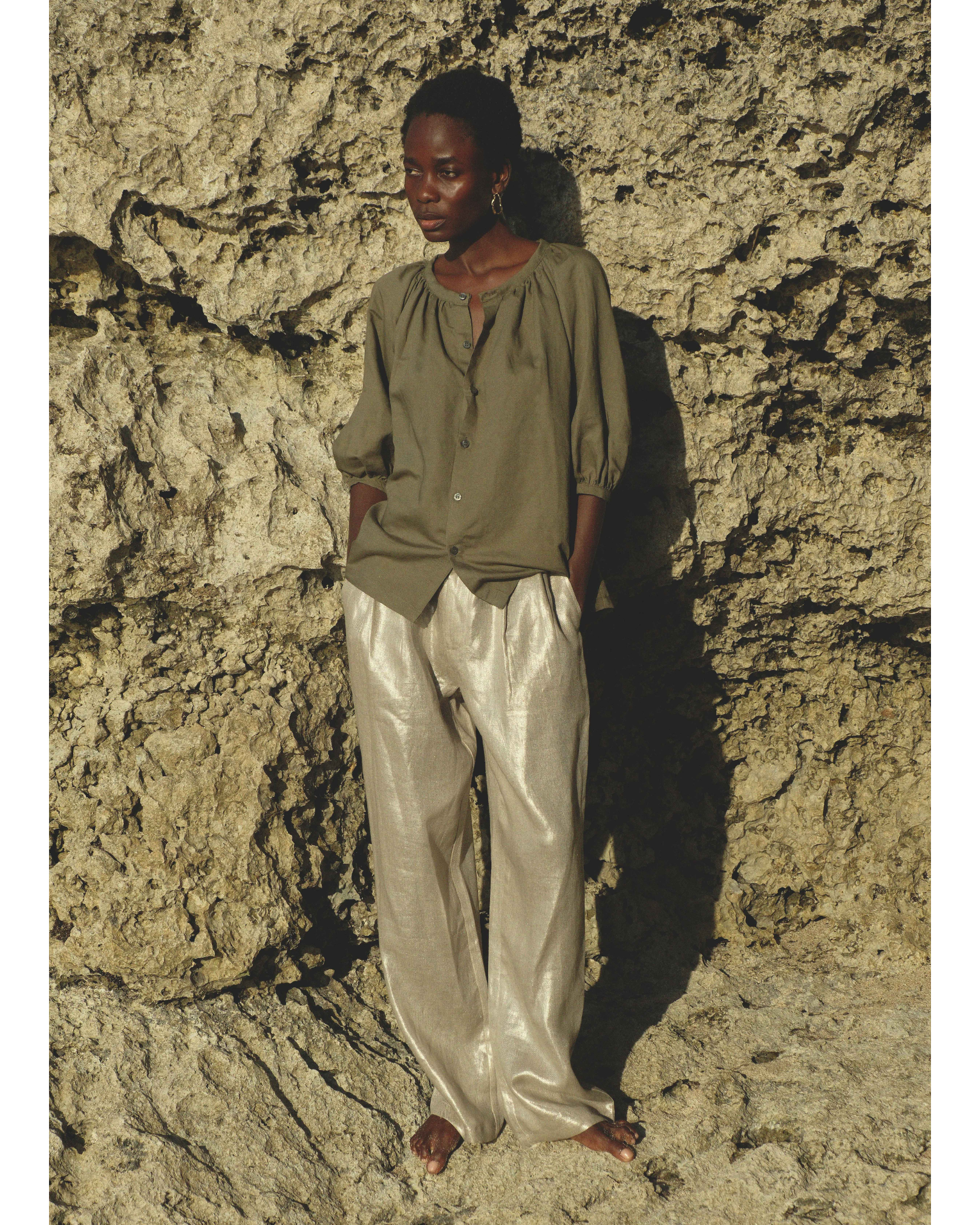 High-Waisted Pleated Trouser Pant in Champagne Shimmer Twill Linen