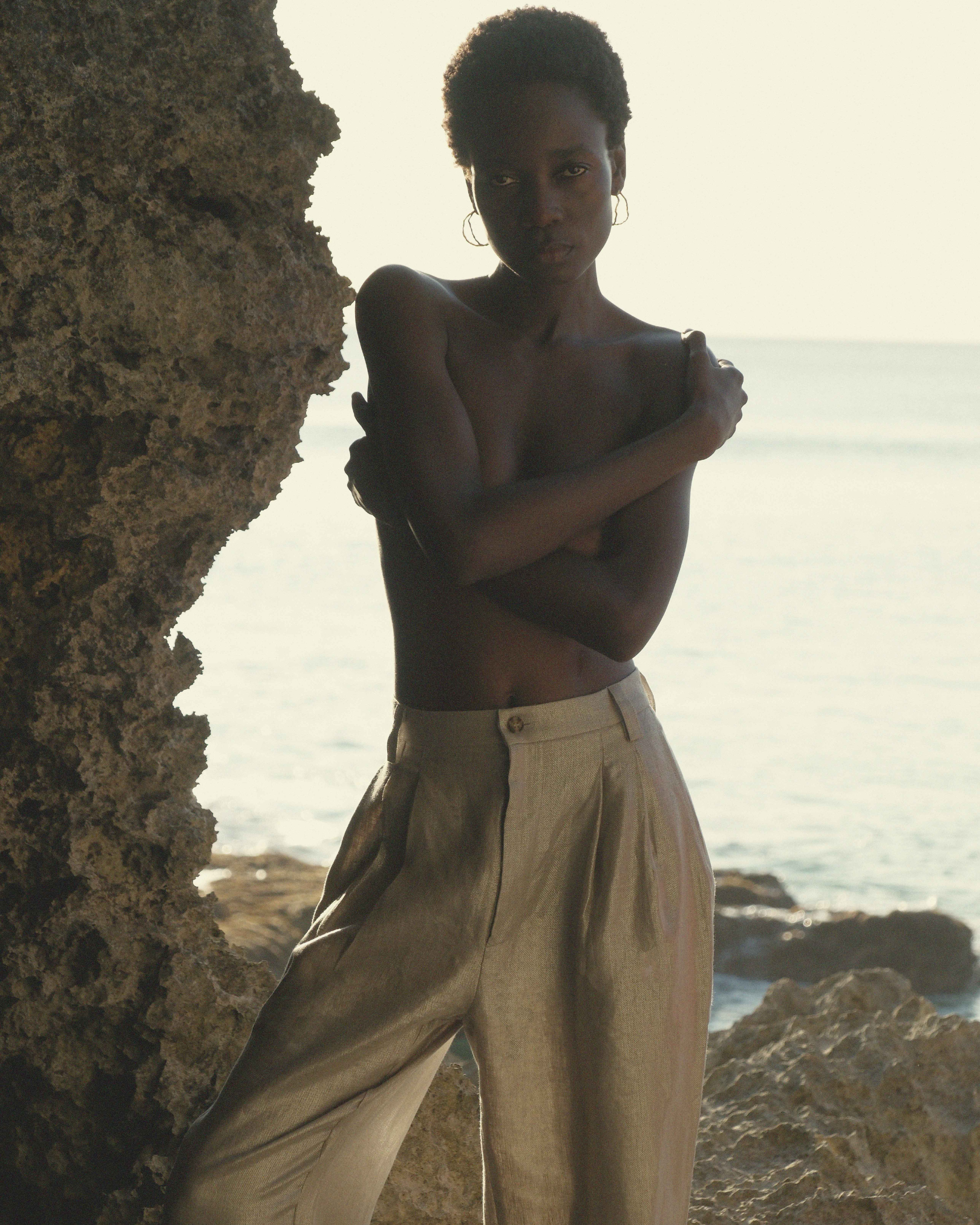 High-Waisted Pleated Trouser Pant in Champagne Shimmer Twill Linen