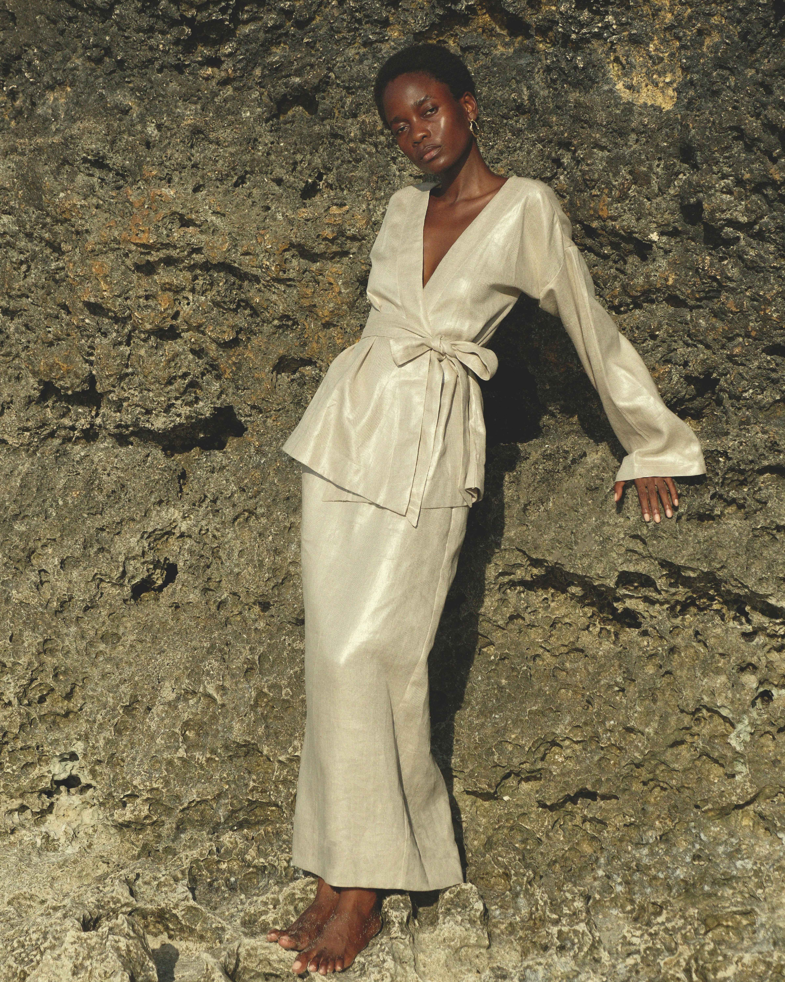 Kimono Long Sleeve Wrap Top in Champagne Shimmer Twill Linen