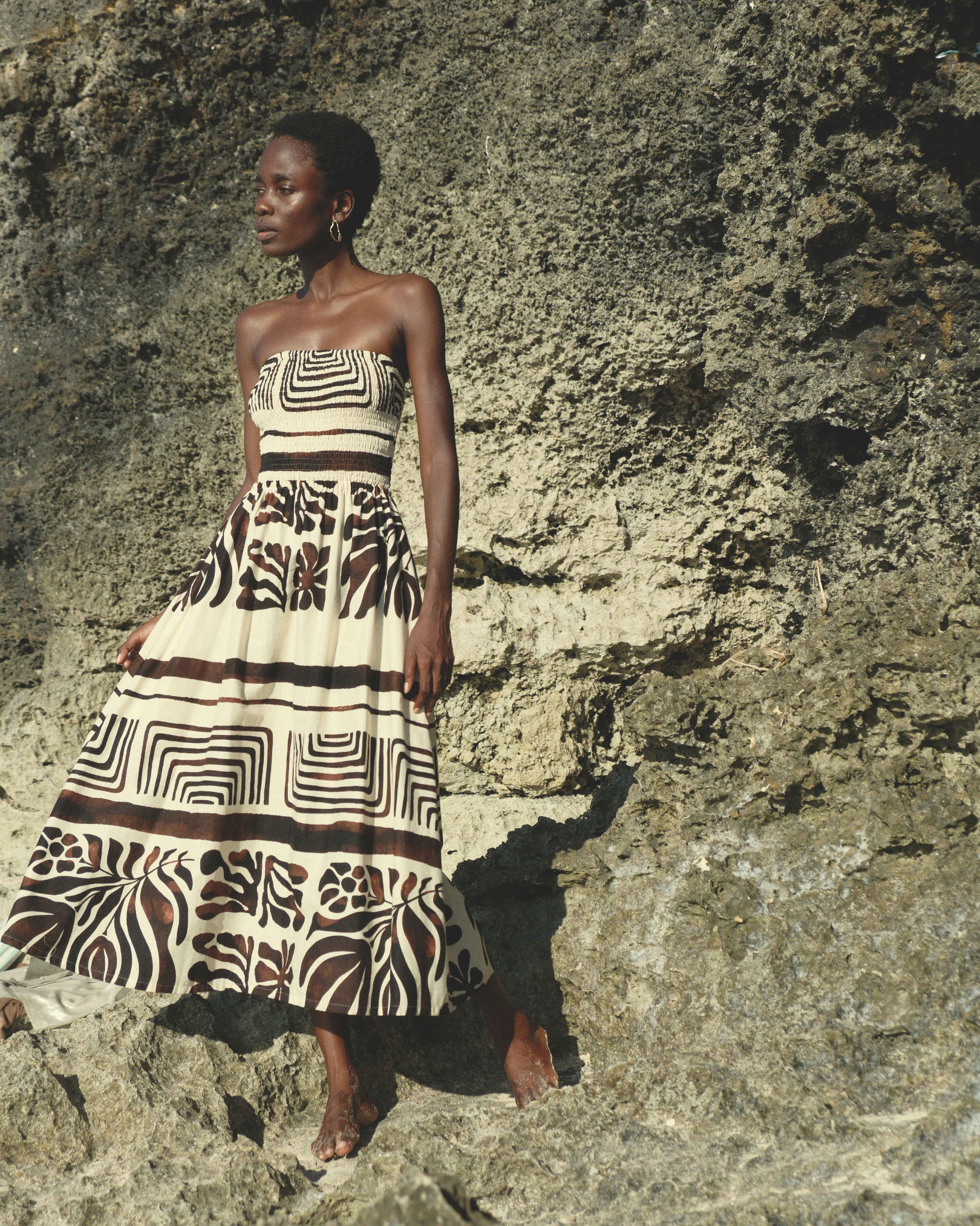 Shirred Tube Midi Dress in Brown & Cream Linen