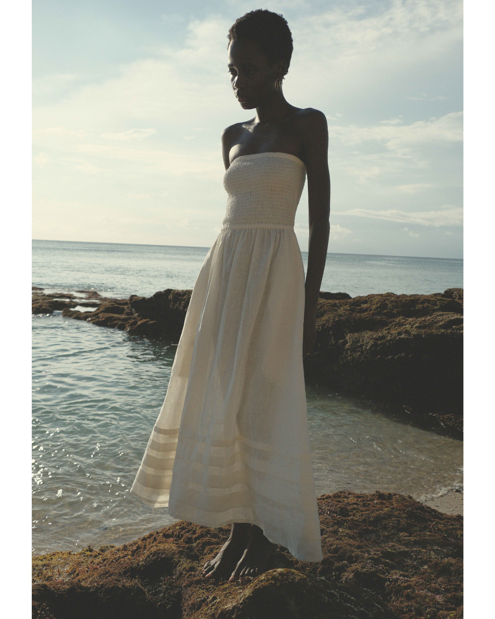 Shirred Tube Top Pleated Maxi Dress in White Linen