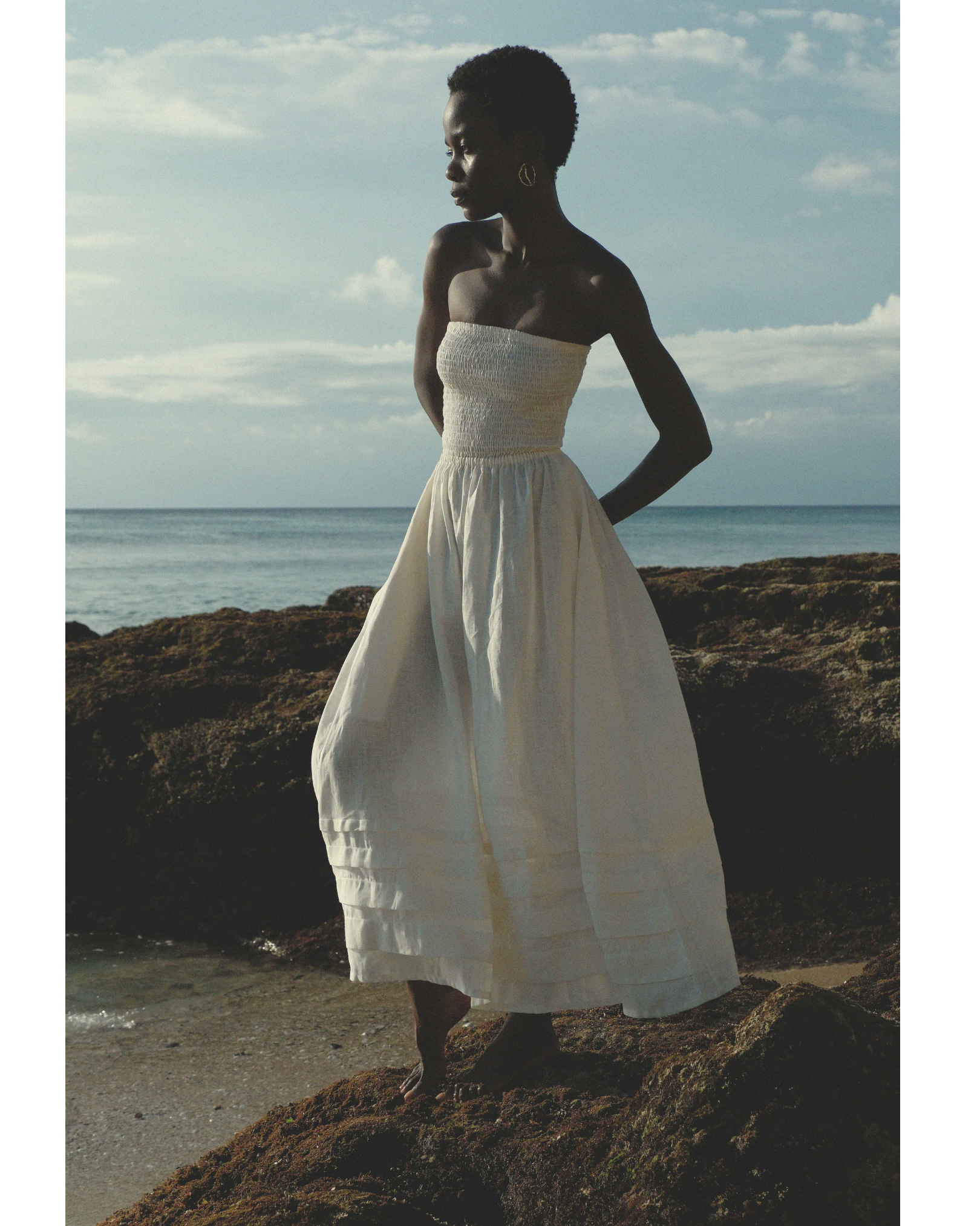 Shirred Tube Top Pleated Maxi Dress in White Linen