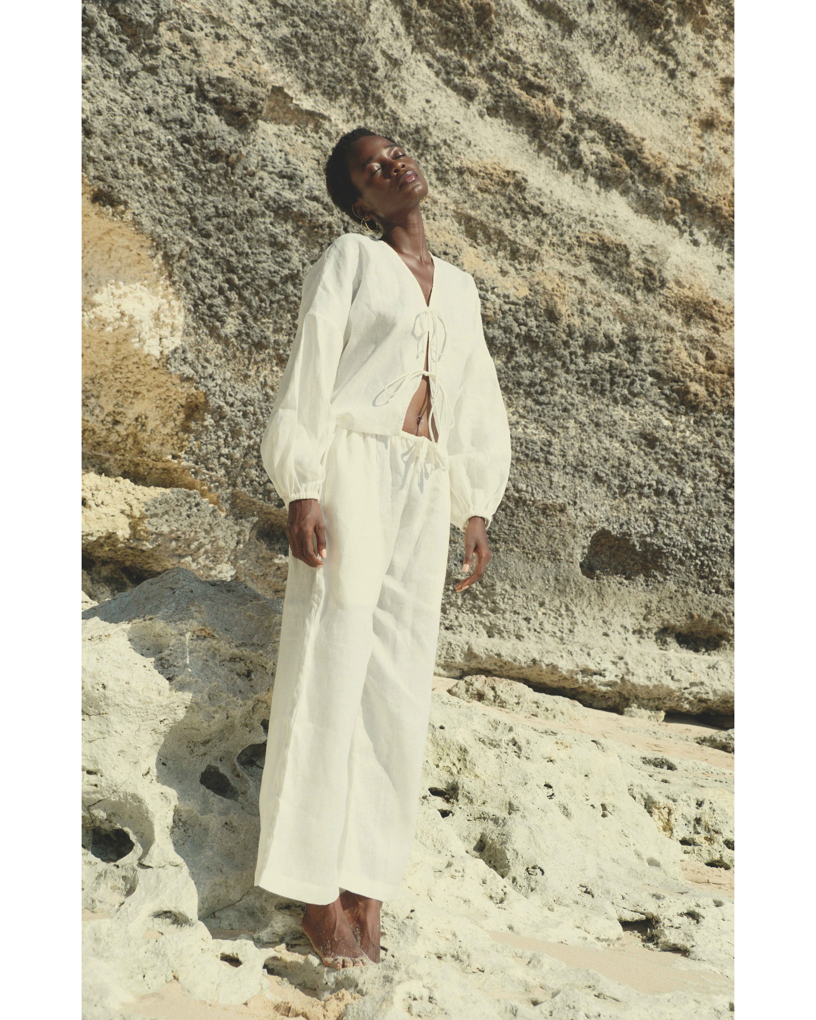 Long Sleeve Two-Tie Top in White Linen