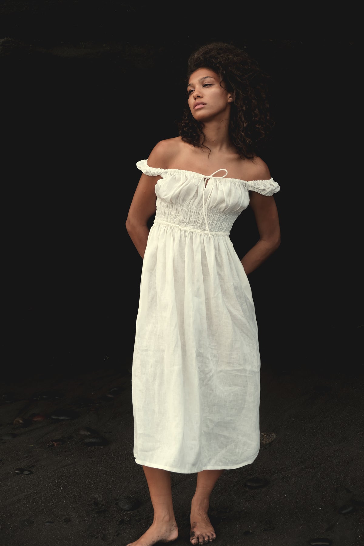 Gathered Bust Dress in Winter White Linen