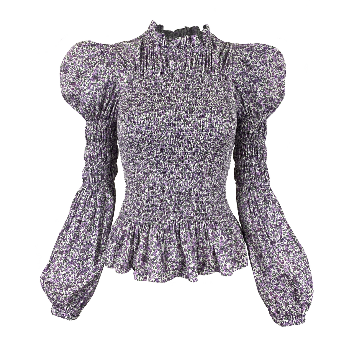 Rohnea Linen Shirring Turtleneck in Purple Floral Cotton