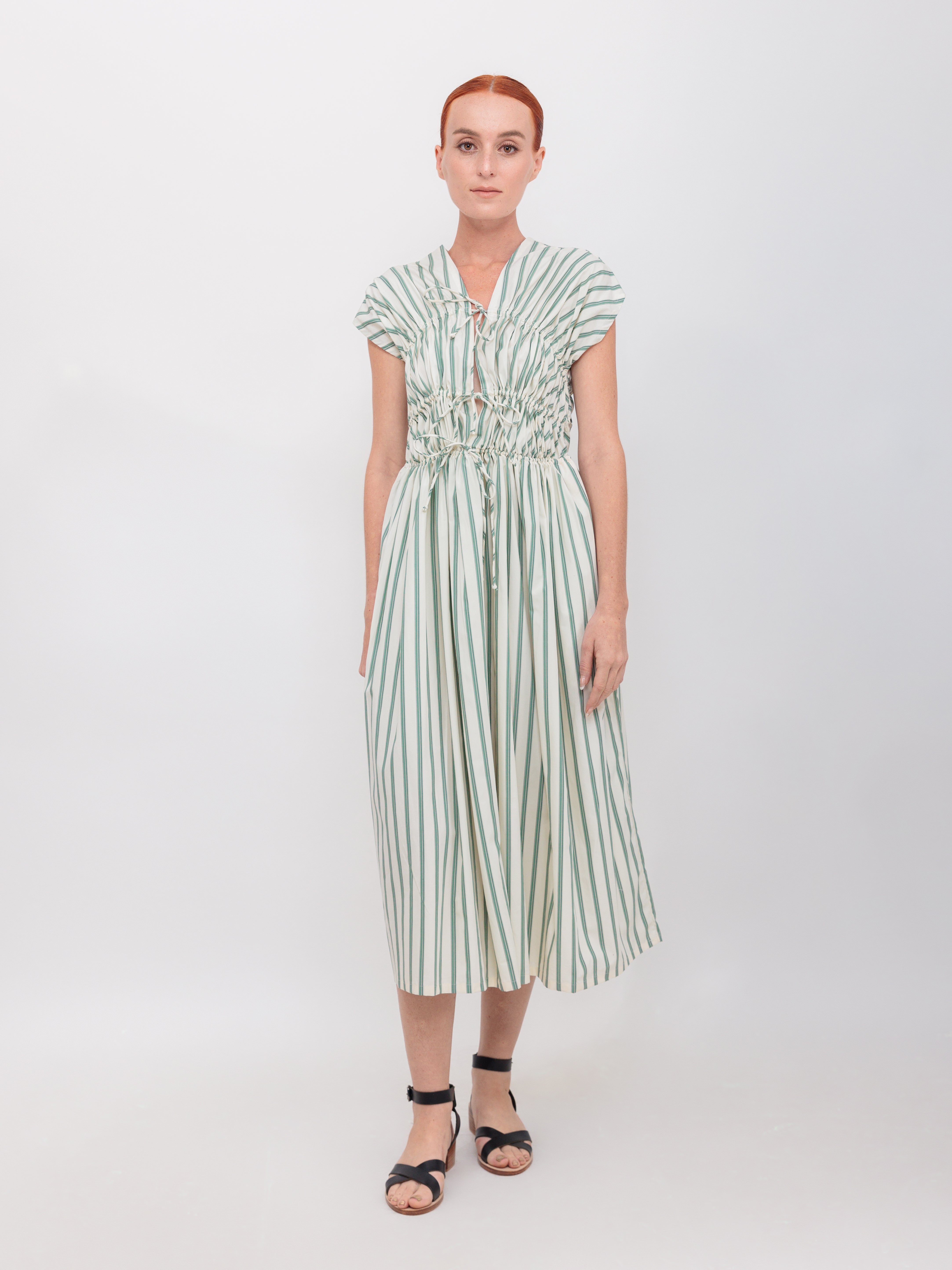 3-Tier Bias Cut Dress in Green Double Stripe Cotton