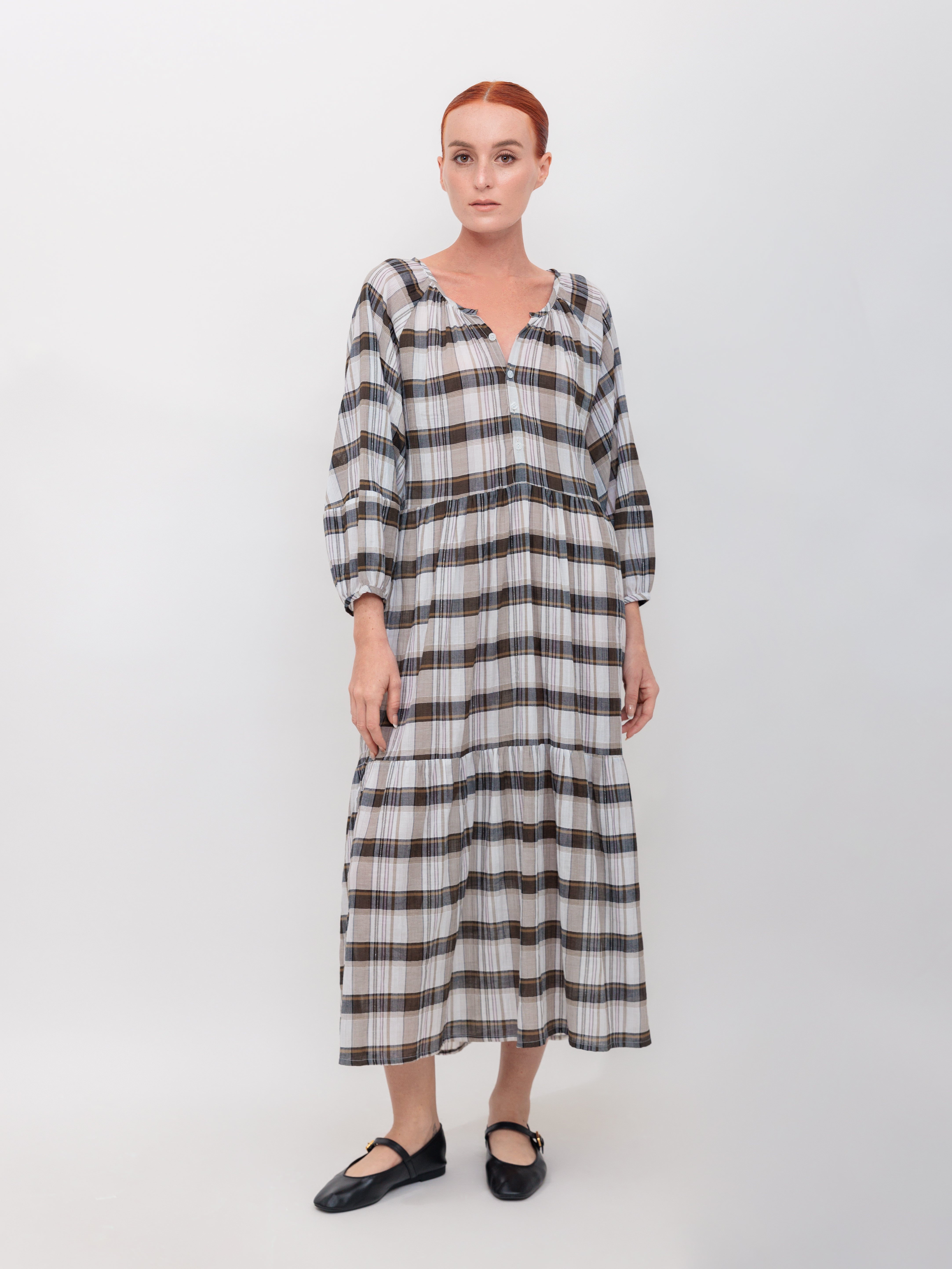 Button Down Midi Dress in Black Cotton Gauze Windowpane