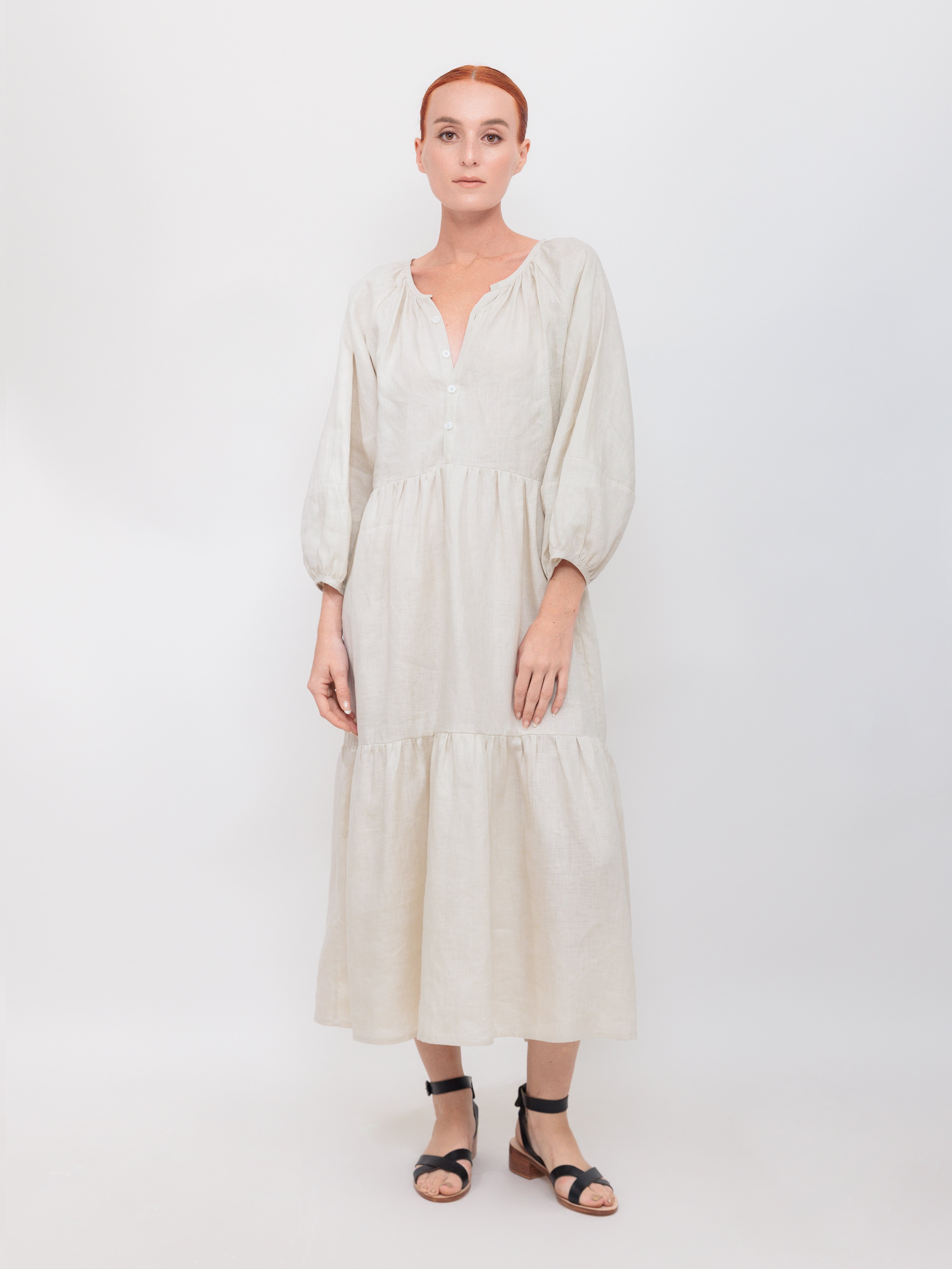 Button Down Midi Dress in Winter White Linen