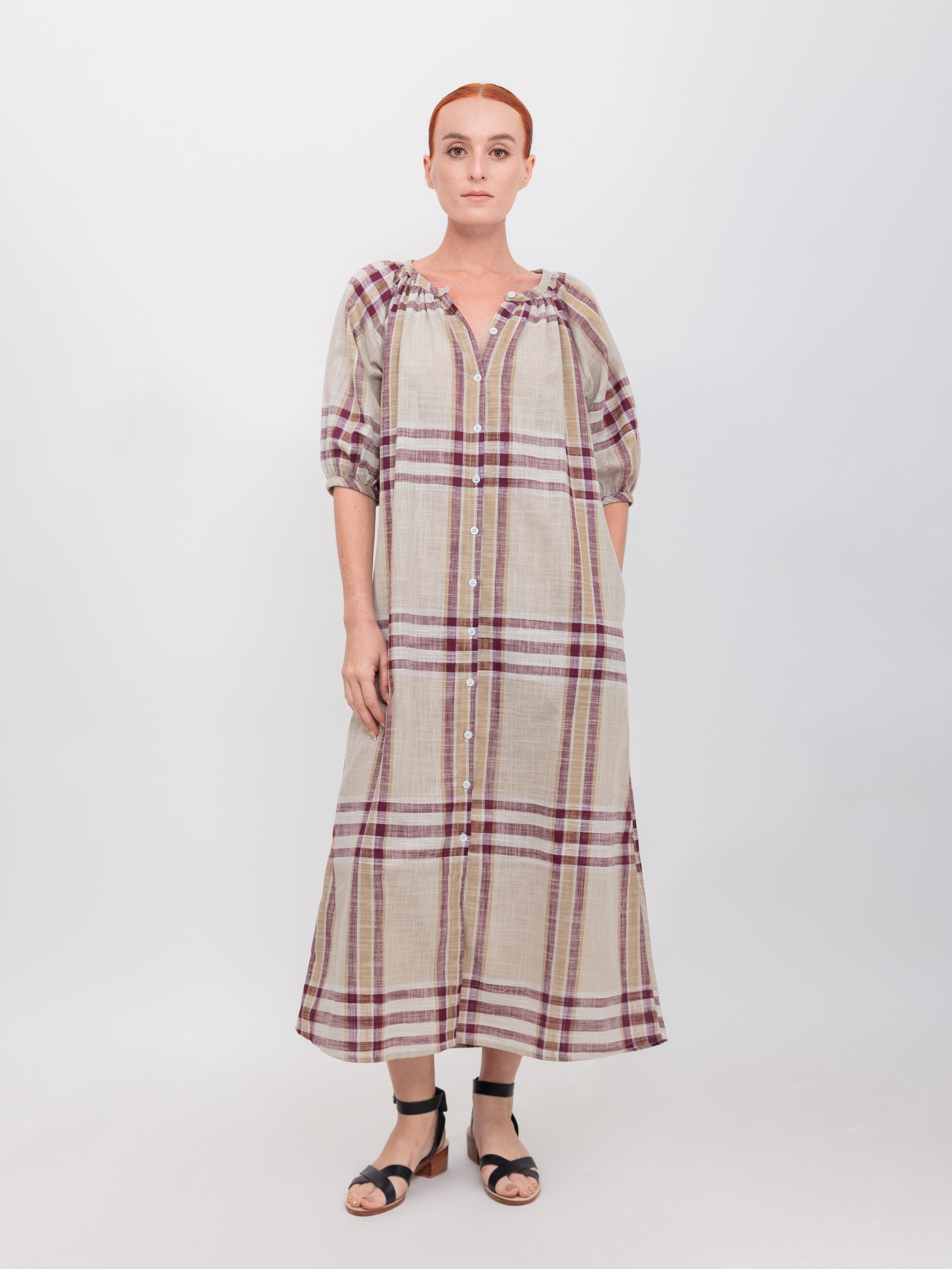Button Down Maxi Dress in Maroon Windowpane