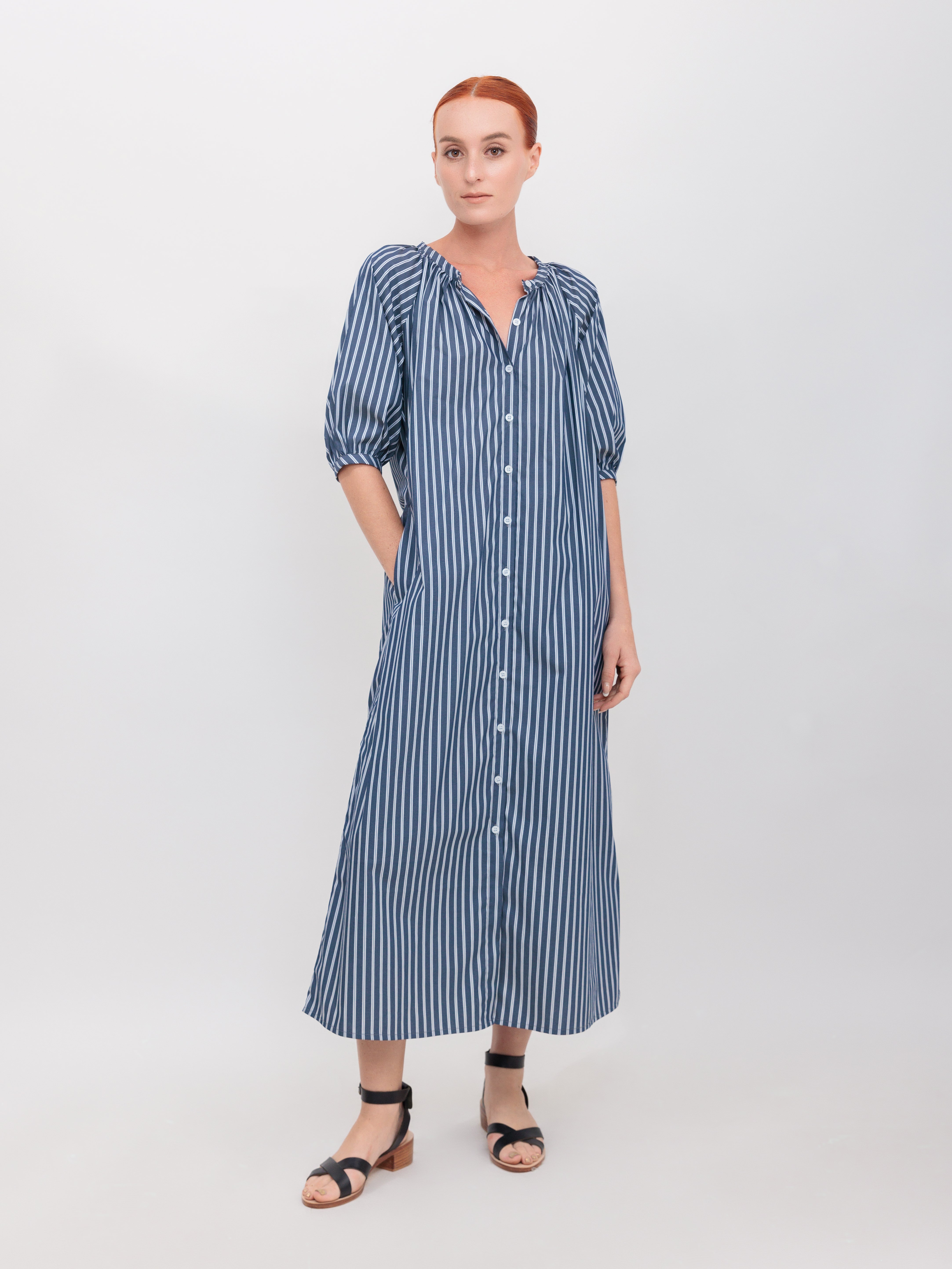 Button Down Maxi Dress Navy Double Stripe Cotton