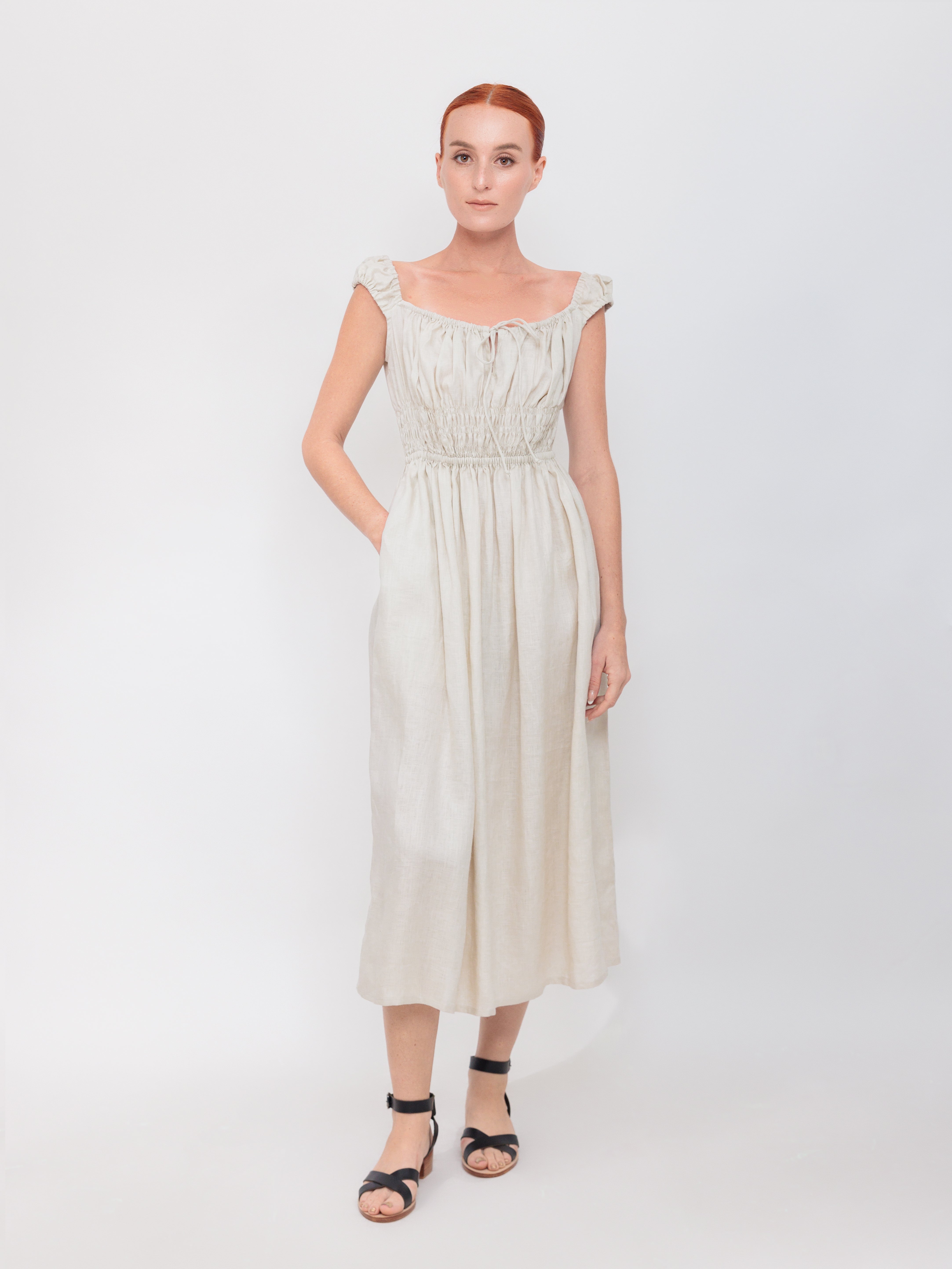 Gathered Bust Dress in Winter White Linen