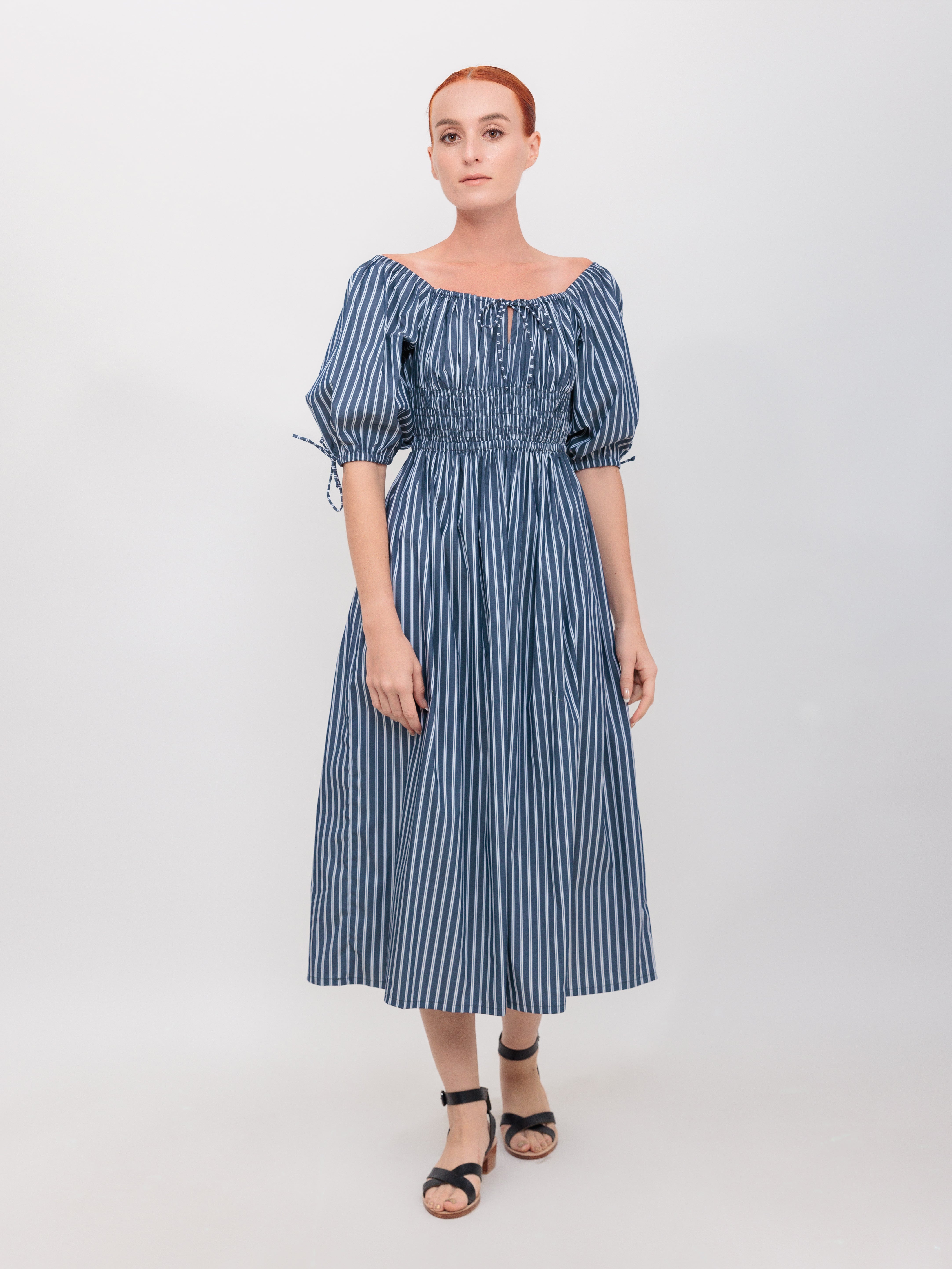 Quarter Length Sleeve Gathered Bust Dress in Navy Double Stripe Cotton