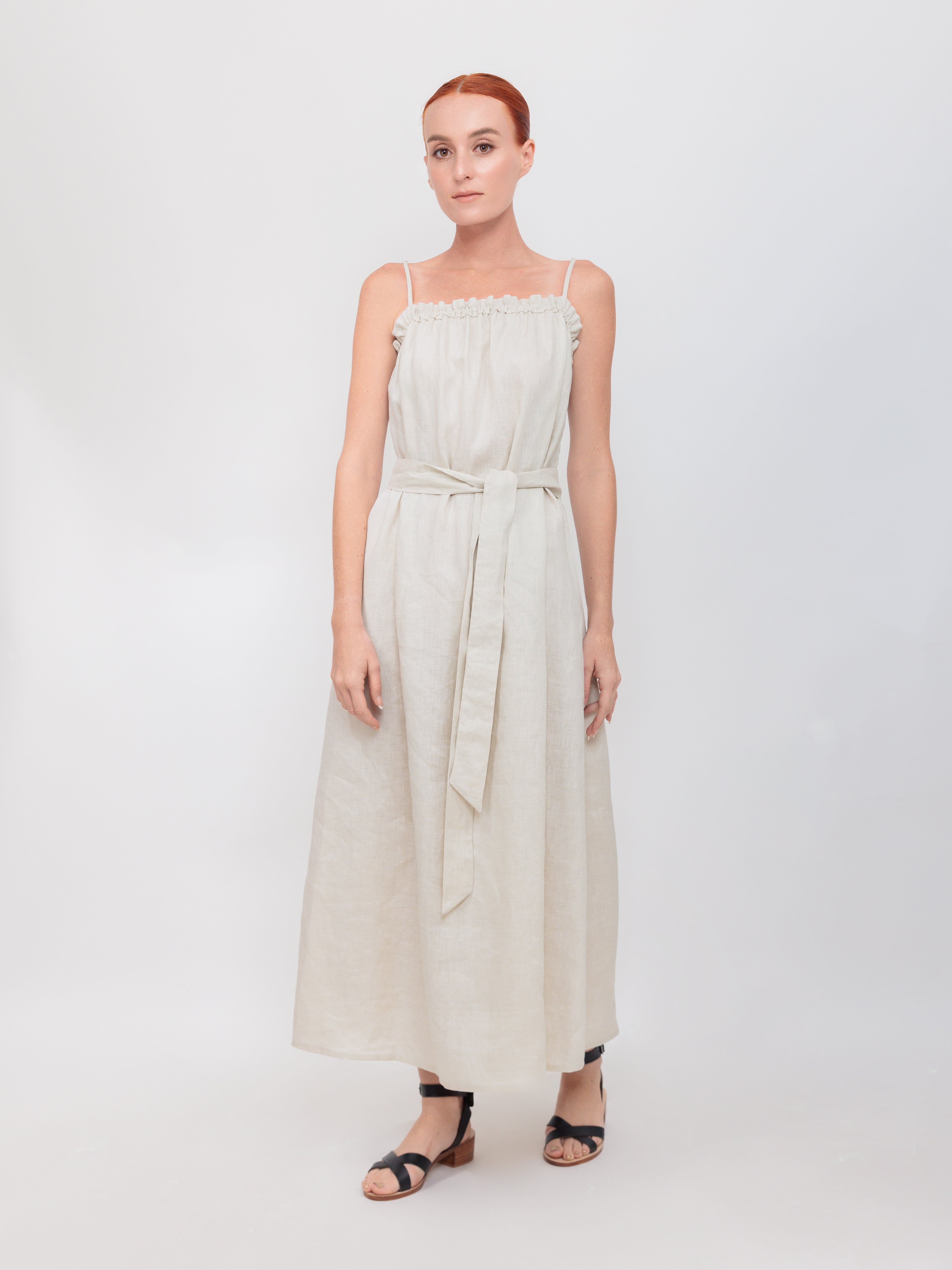 Ruffle Tank Maxi Dress in Winter White Linen