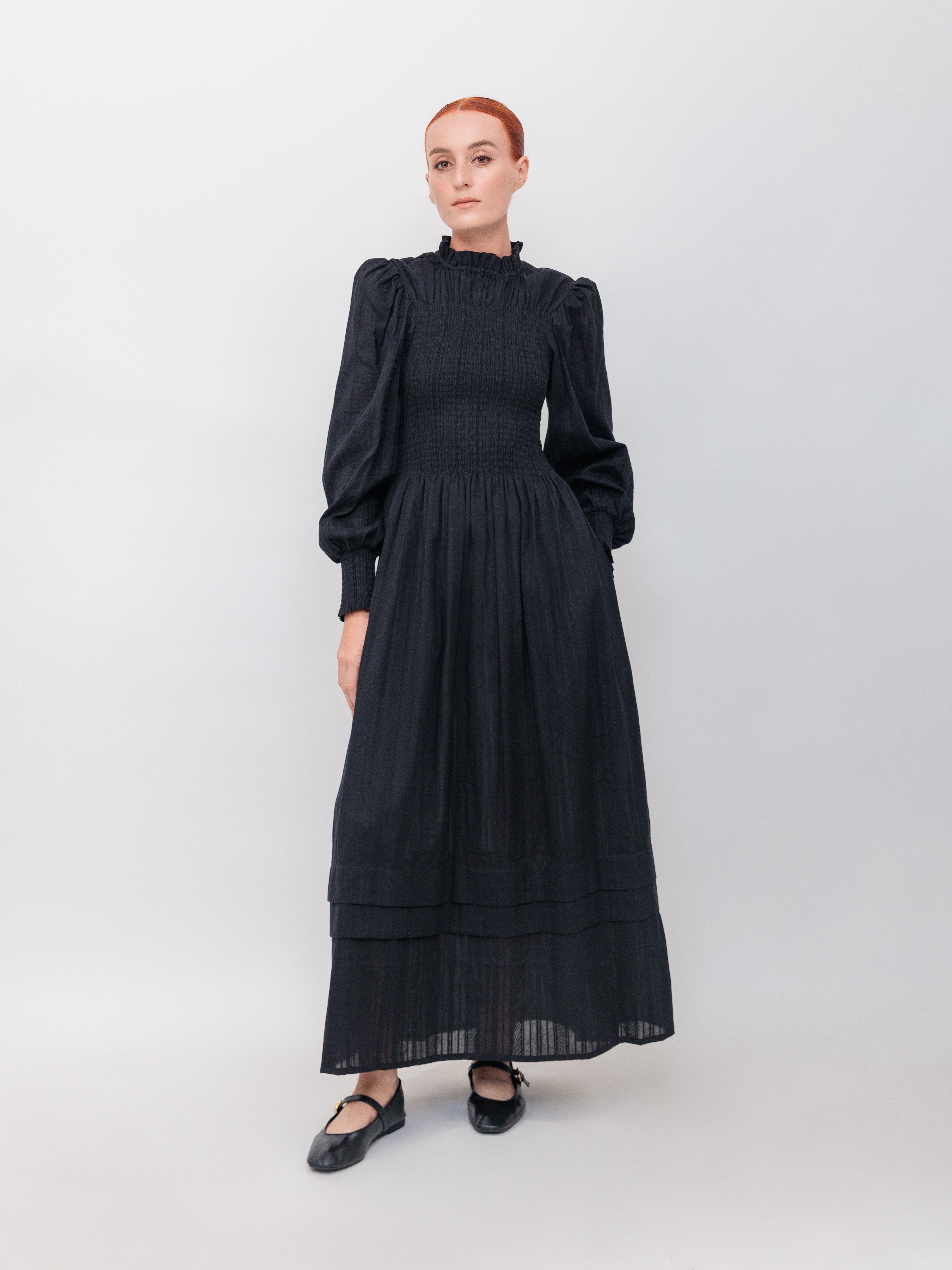 Long Sleeve Turtleneck Maxi Dress Black Embroidery Stripe