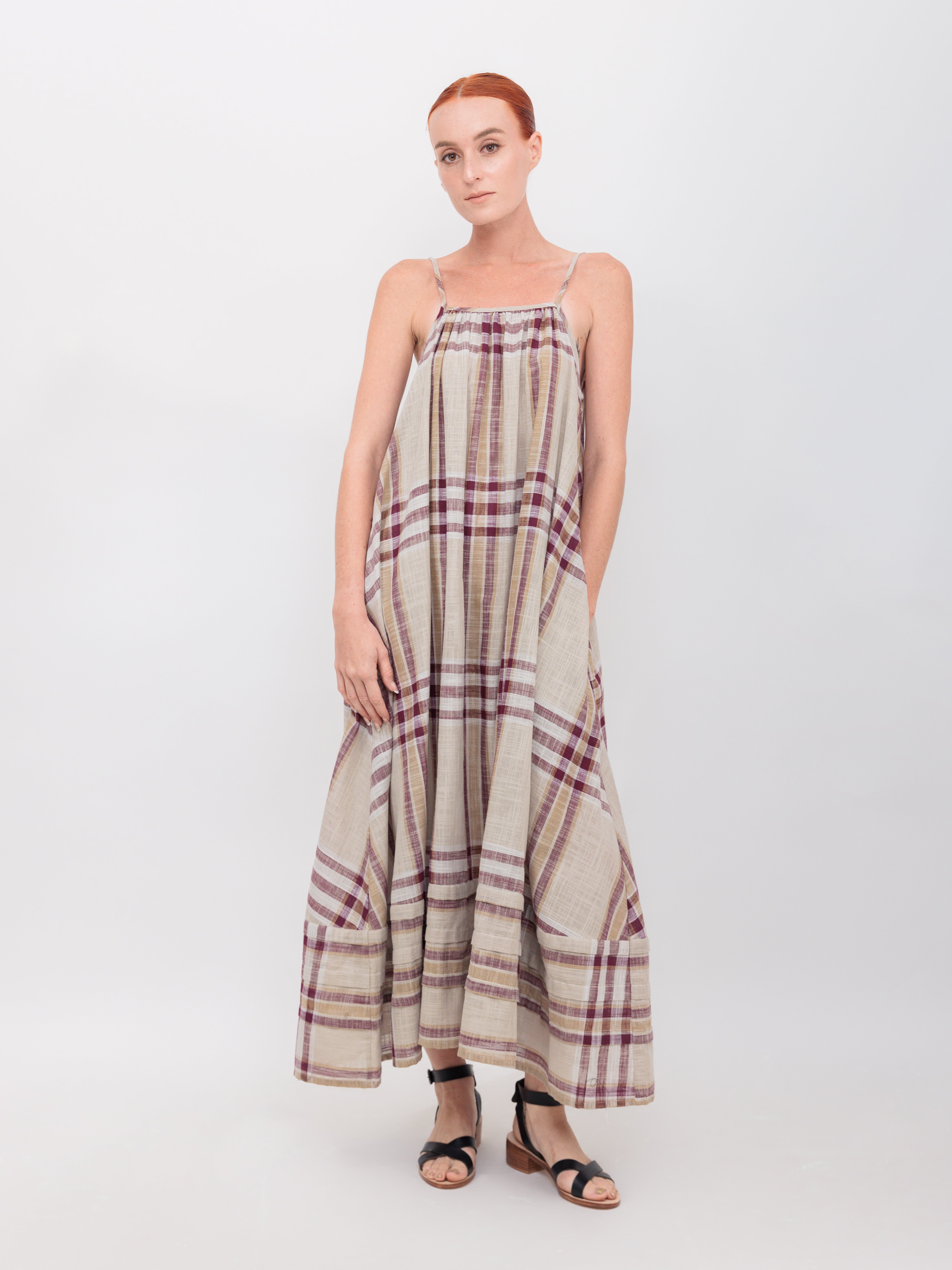 Pleated A-Line Maxi Tank Dress in Maroon Windowpane