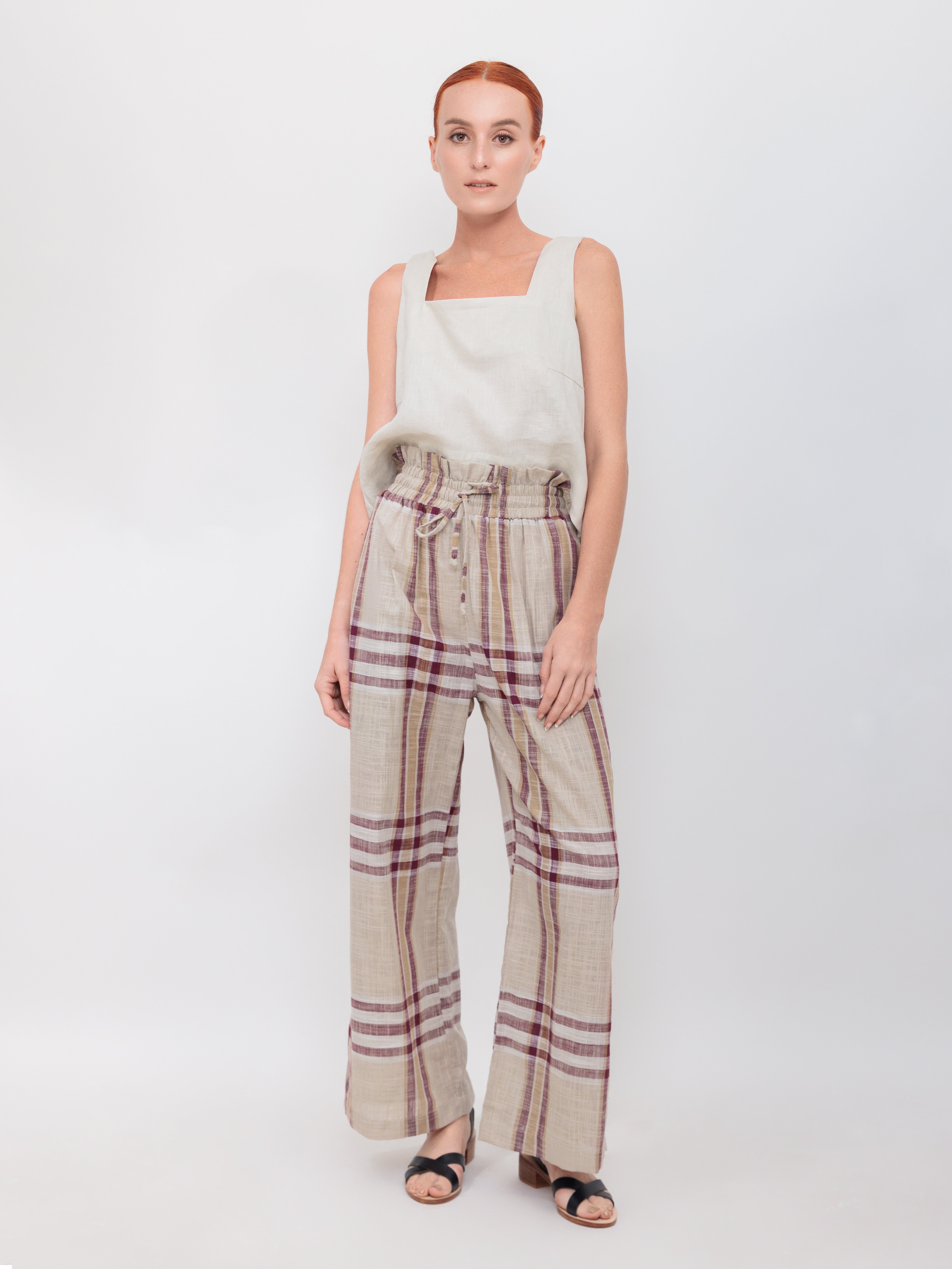 High Waisted Lounge Pant Maroon Windowpane Cotton