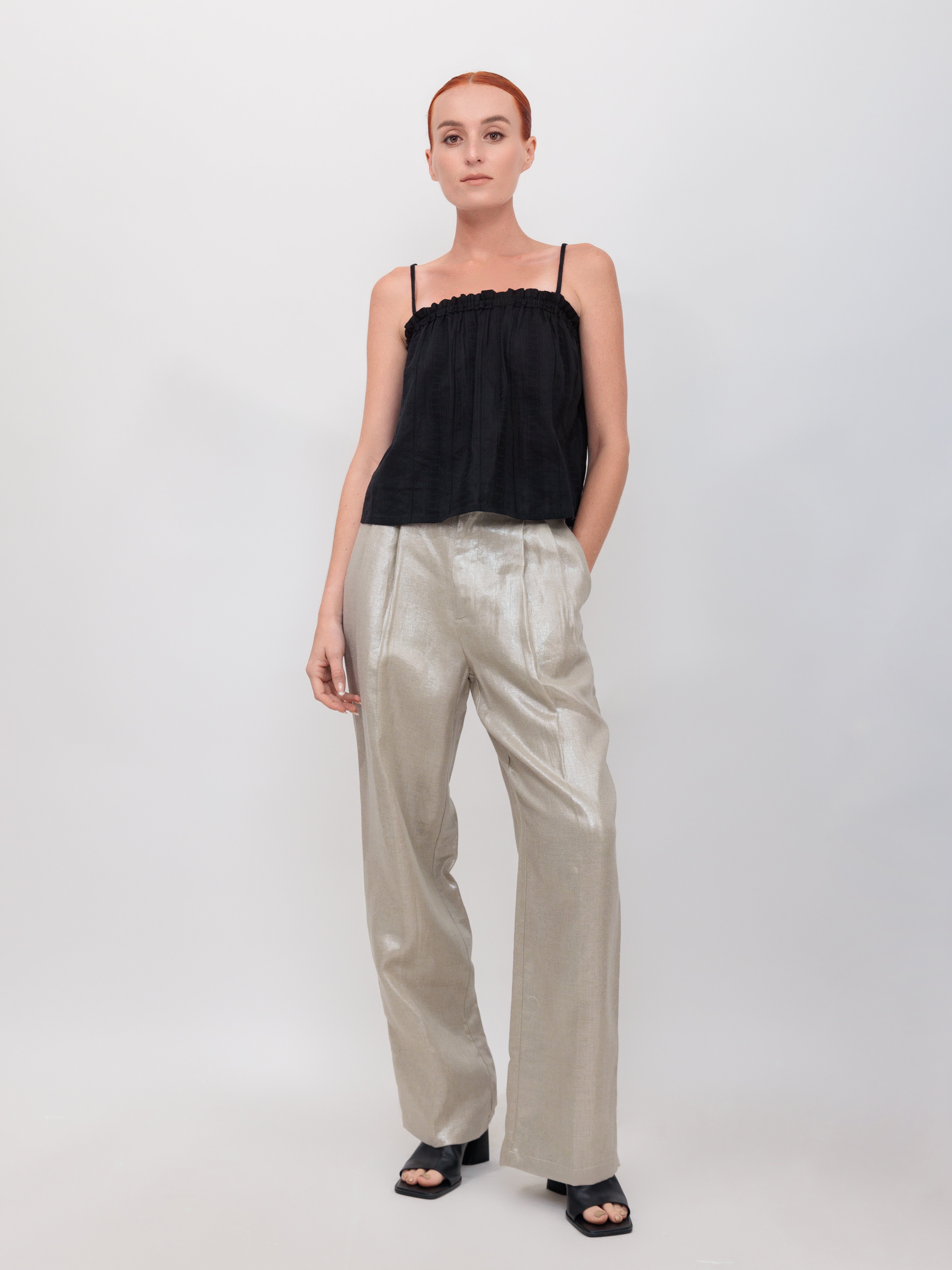 High-Waisted Pleated Trouser Pant in Champagne Shimmer Twill Linen