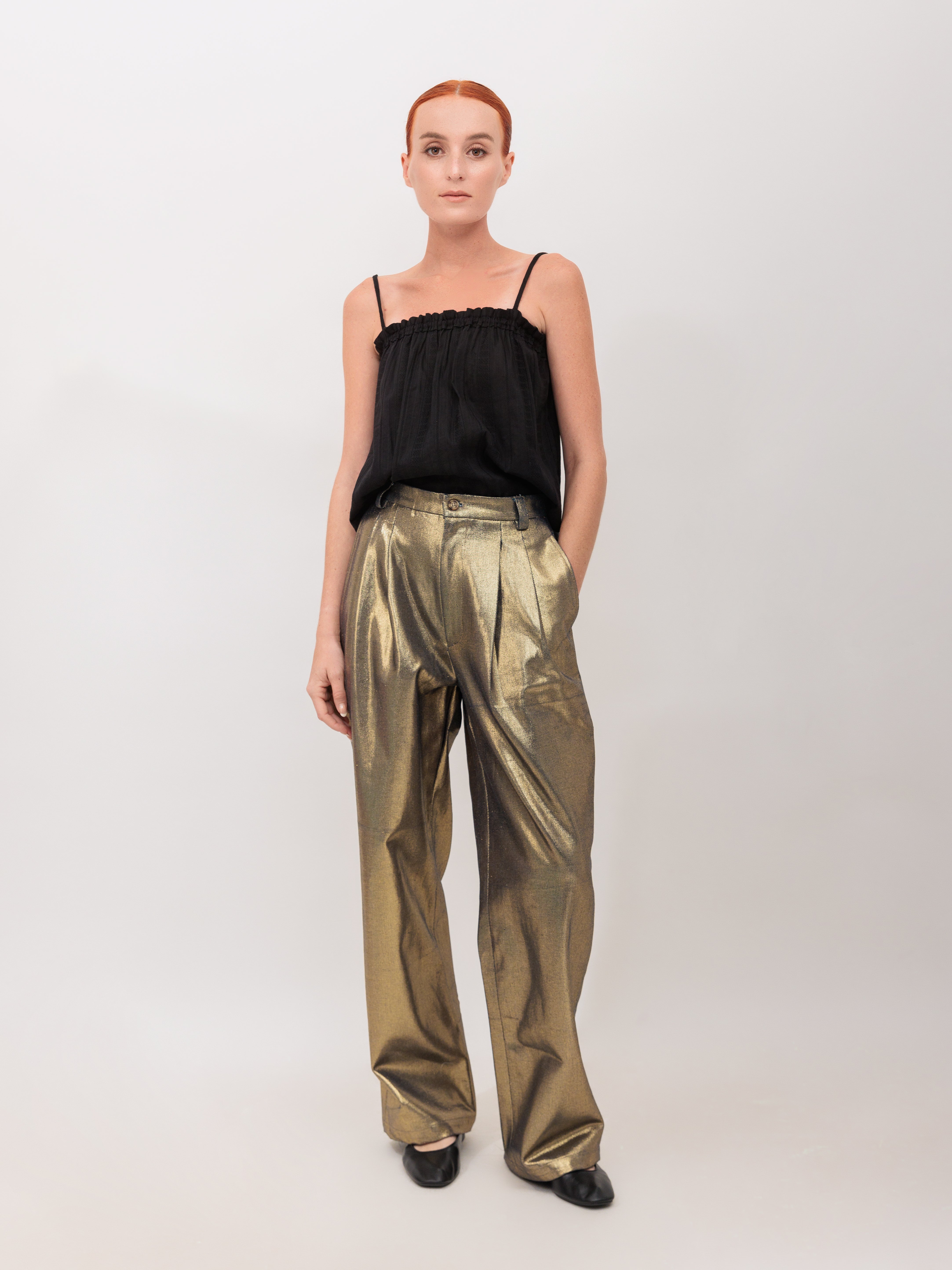 High Waisted Pleated Trouser Pant Gold Denim