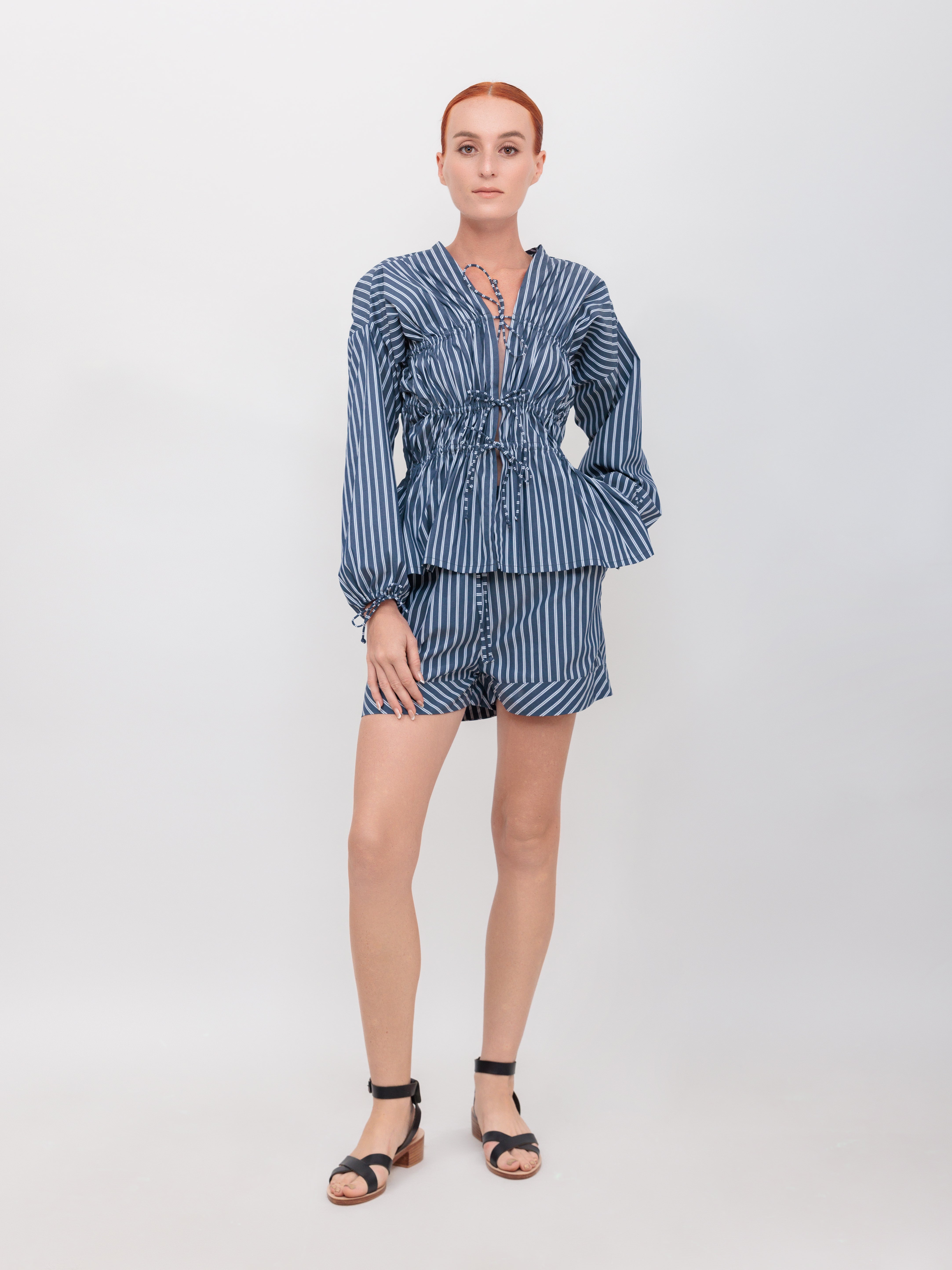 Long Sleeve 3 Tier Bias Cut Top in Navy Double Stripe Cotton