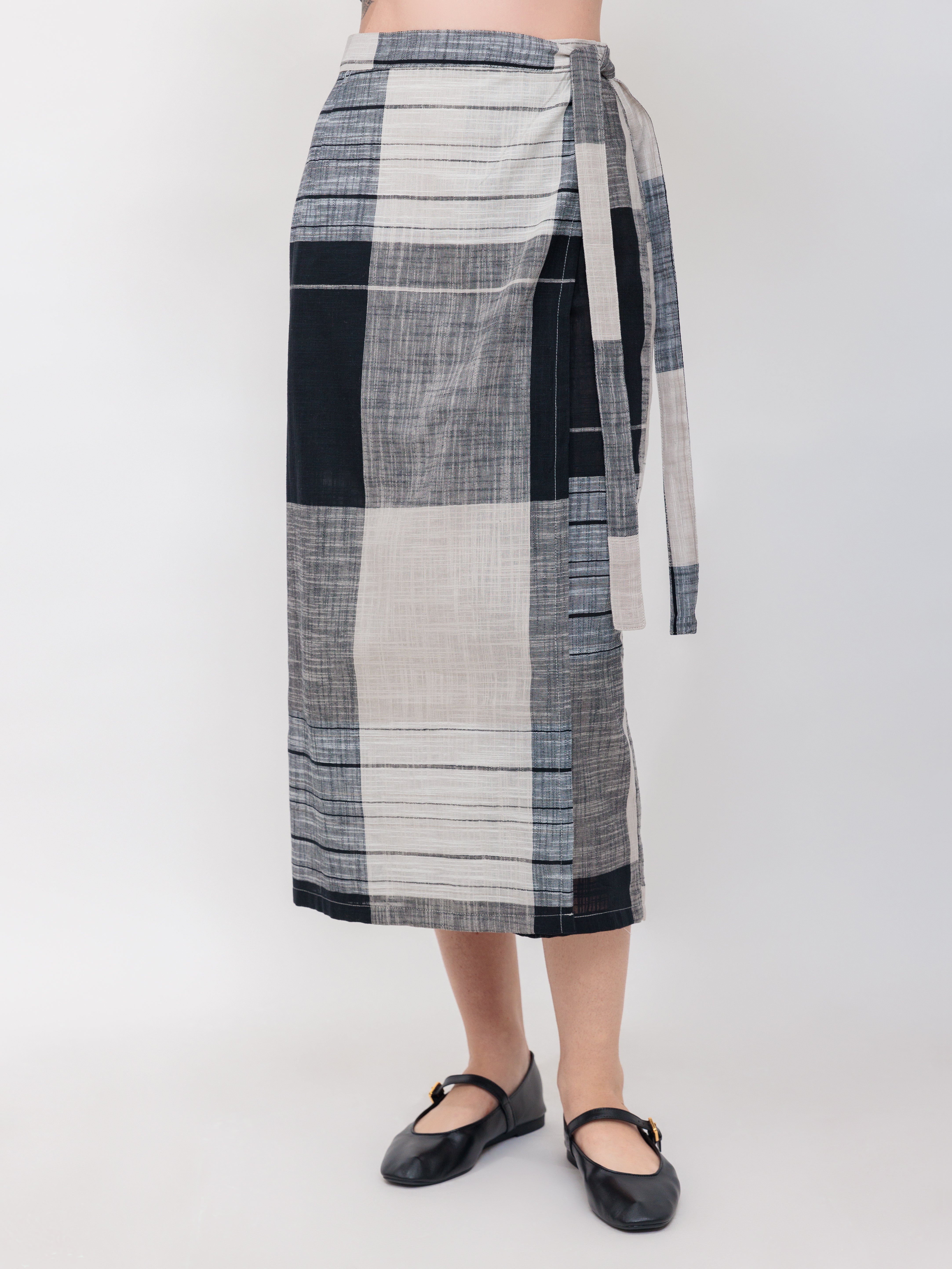 Sarong Wrap Skirt in Black Windowpane