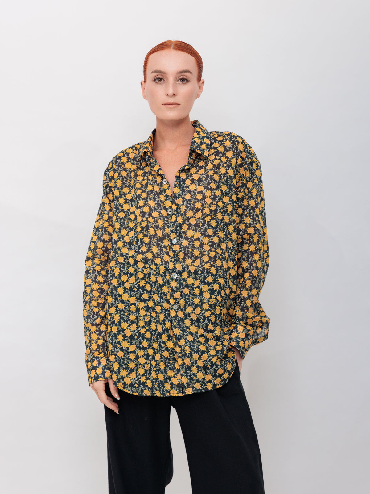 Oversized Button Down in Blue Floral Cotton
