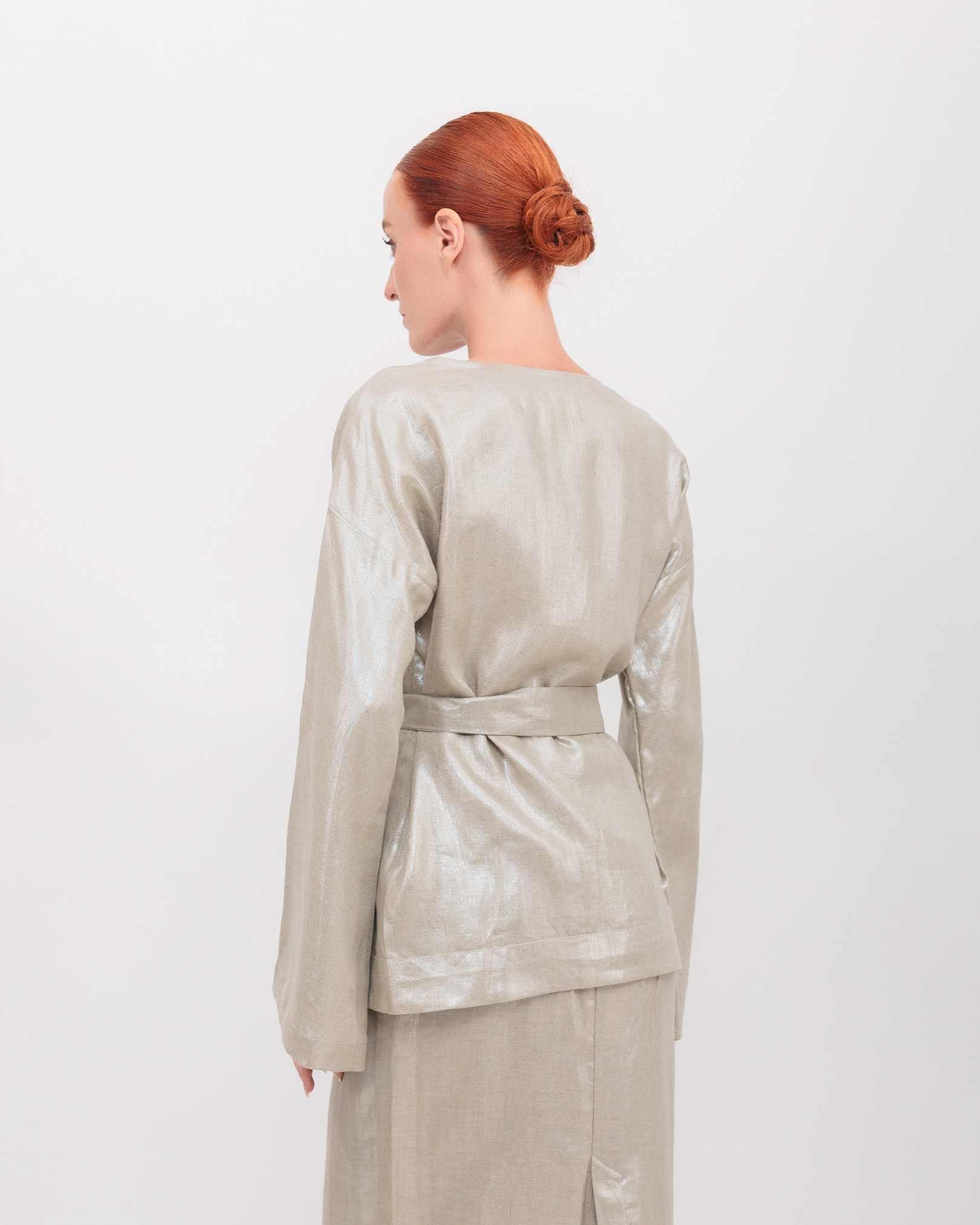 Kimono Long Sleeve Wrap Top in Champagne Shimmer Twill Linen