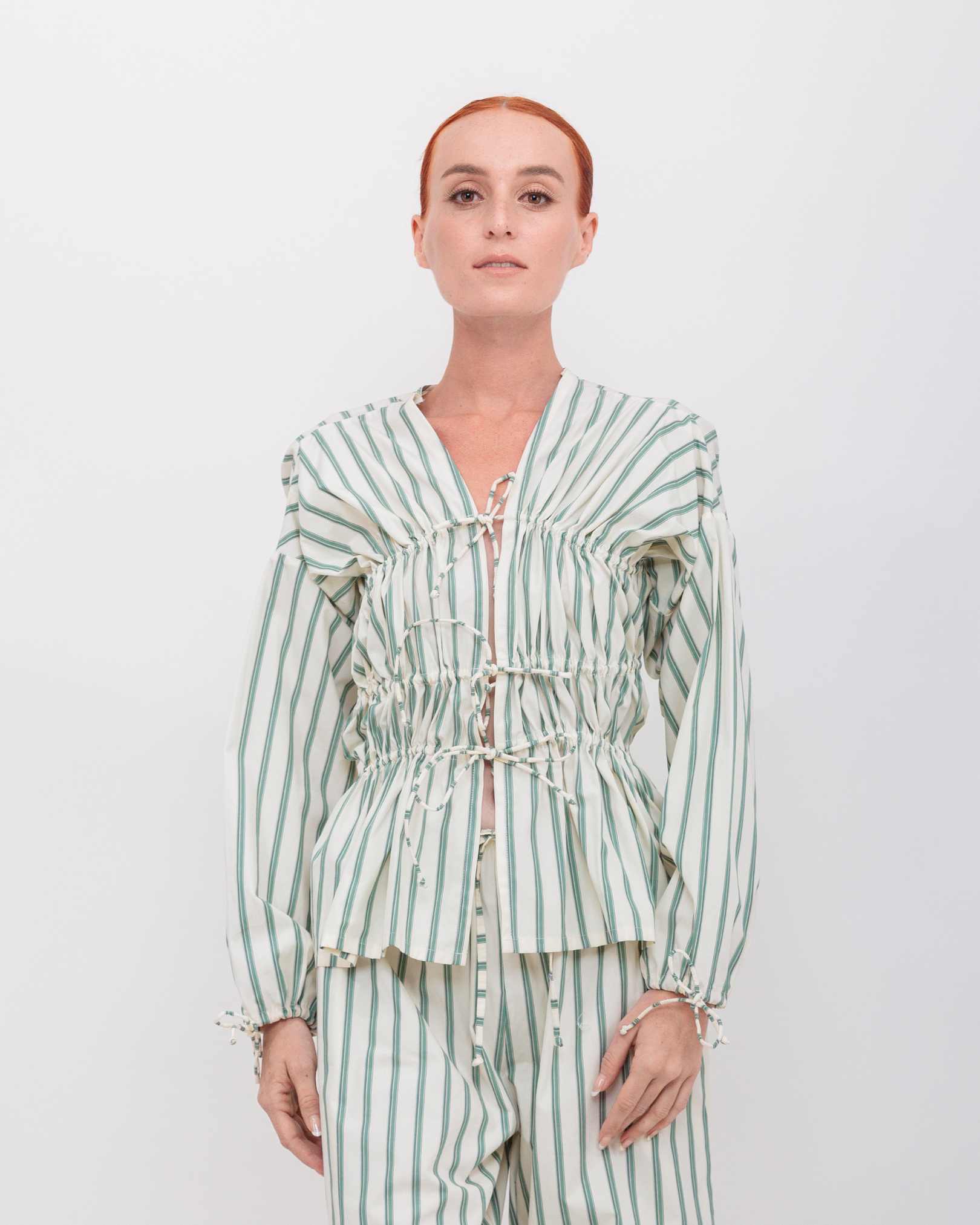 Long Sleeve 3 Tier Bias Cut Top in Green Double Stripe Cotton