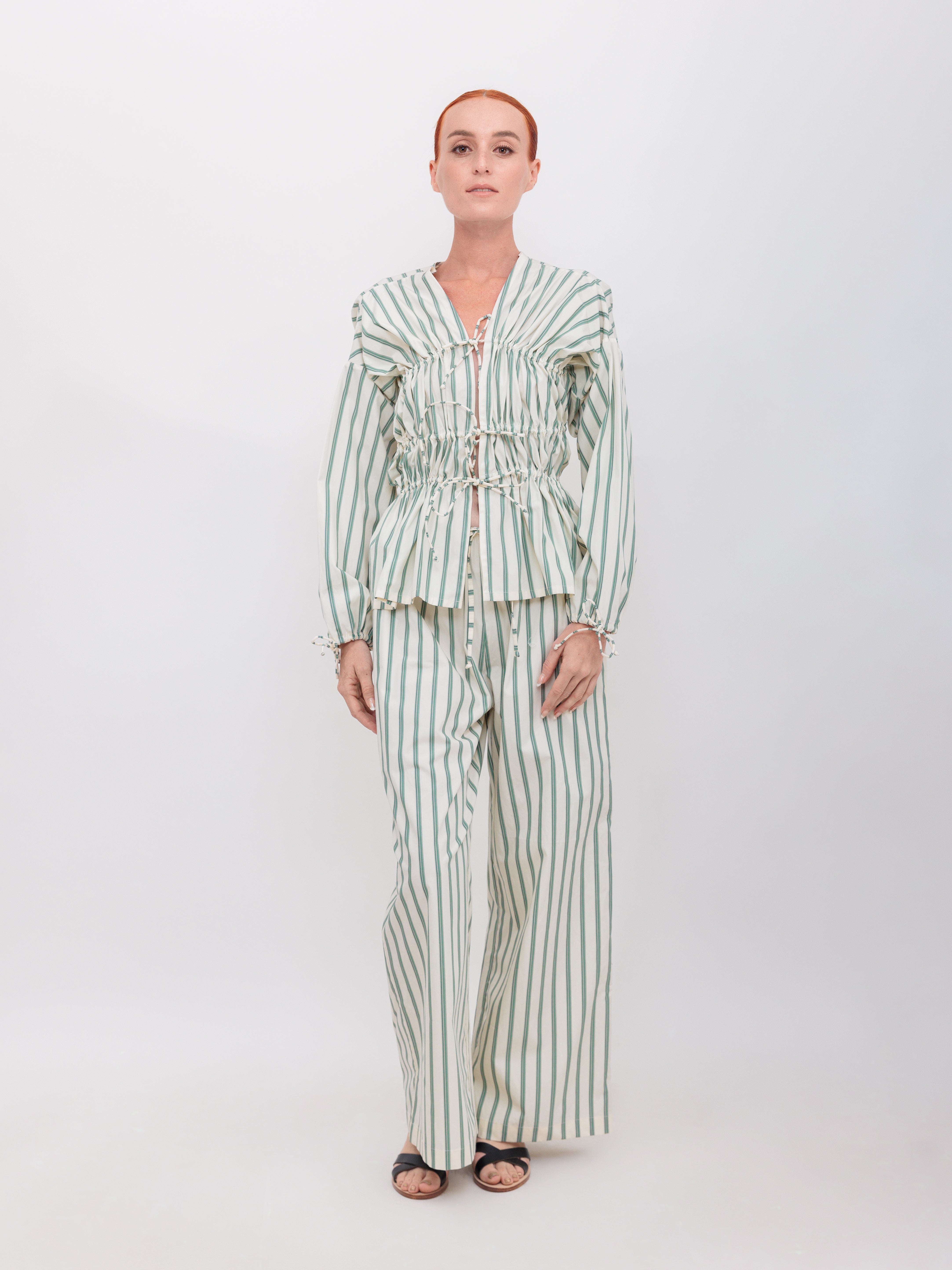 Long Sleeve 3 Tier Bias Cut Top in Green Double Stripe Cotton