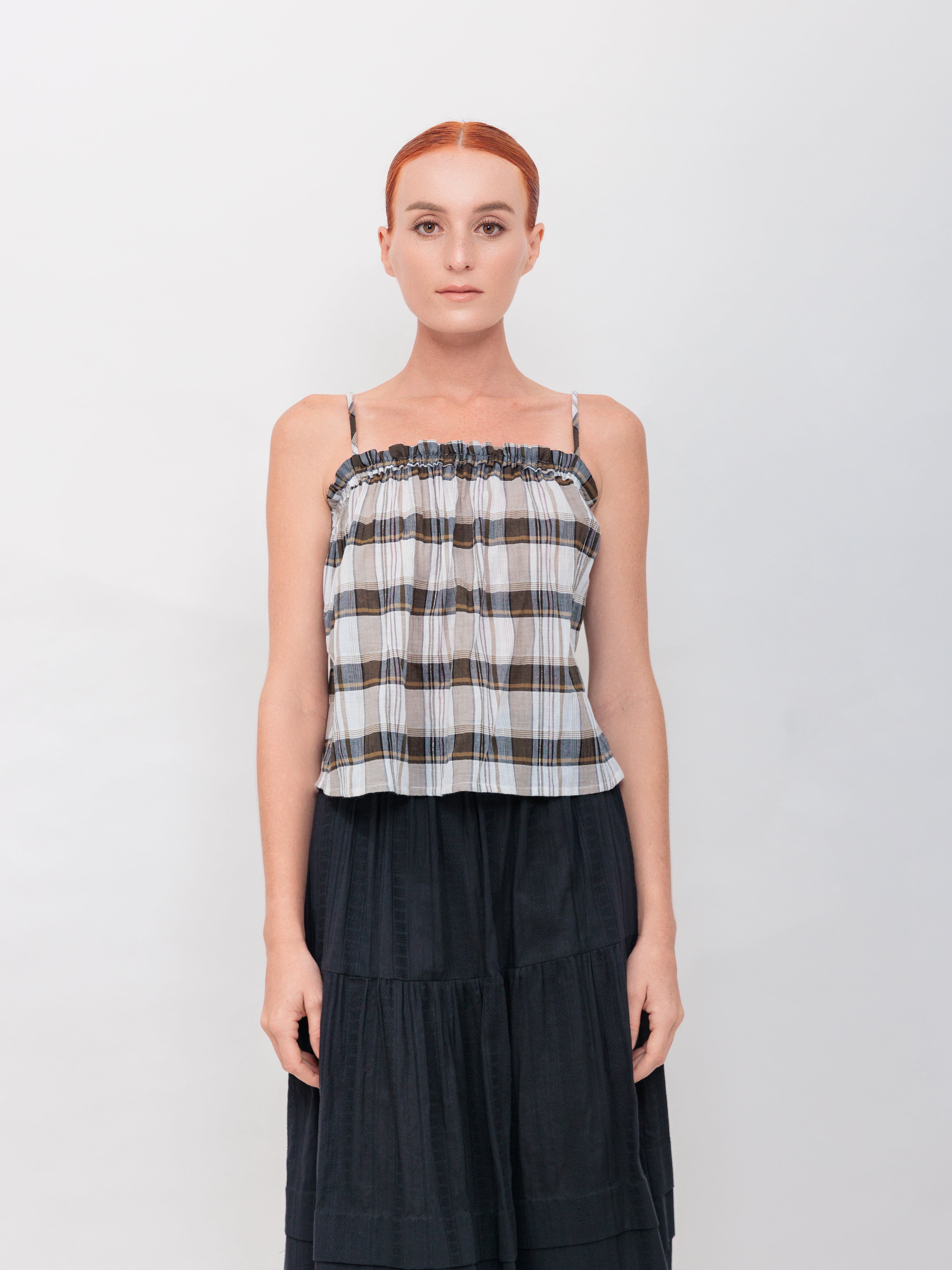 Ruffle Cropped Tank Top in Black Cotton Gauze Windowpane