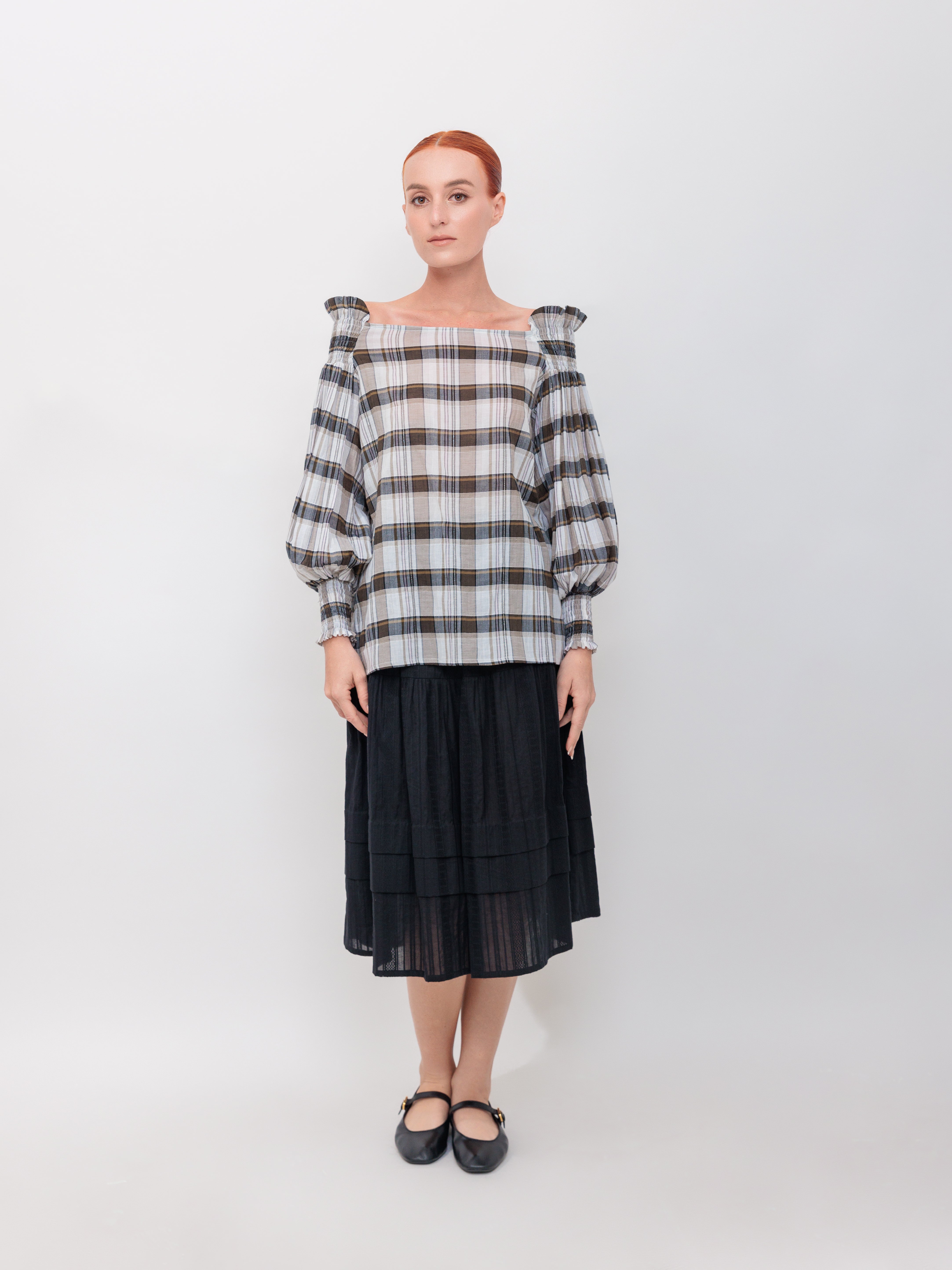 Off-The-Shoulder Ruffle Top in Black Cotton Gauze Windowpane