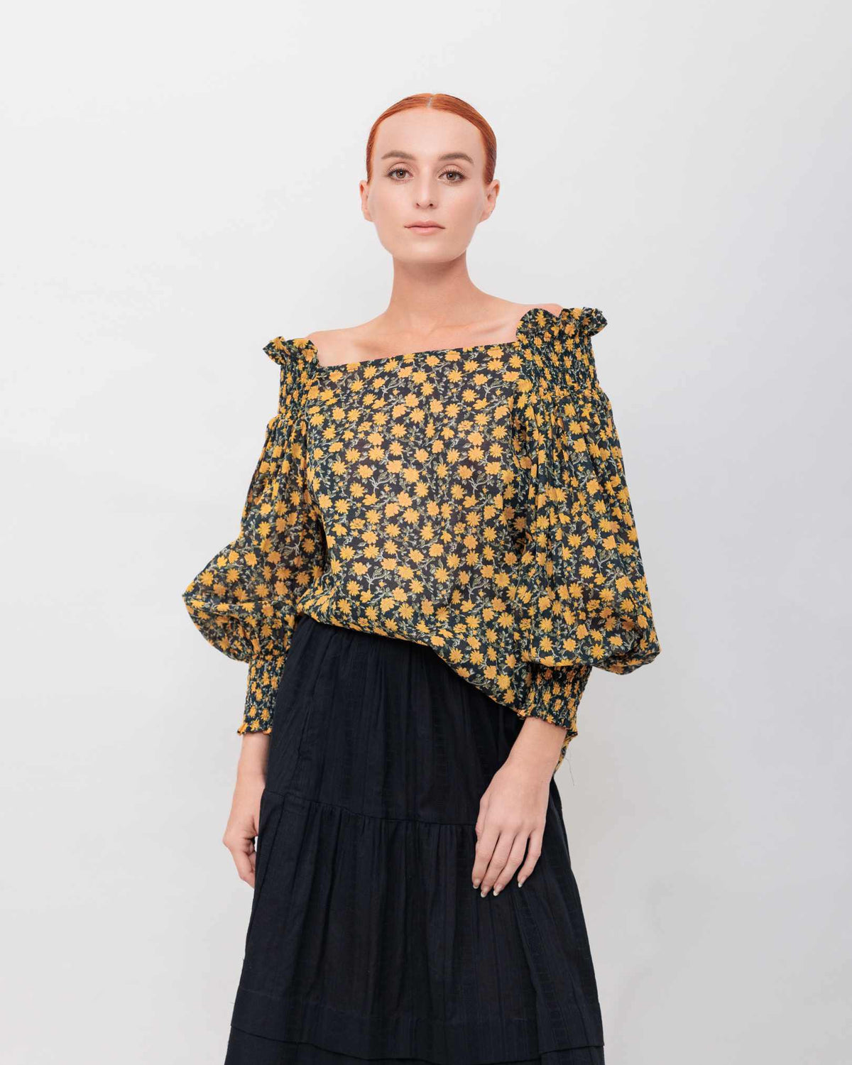 Off The Shoulder Ruffle Top in Orange Floral Cotton