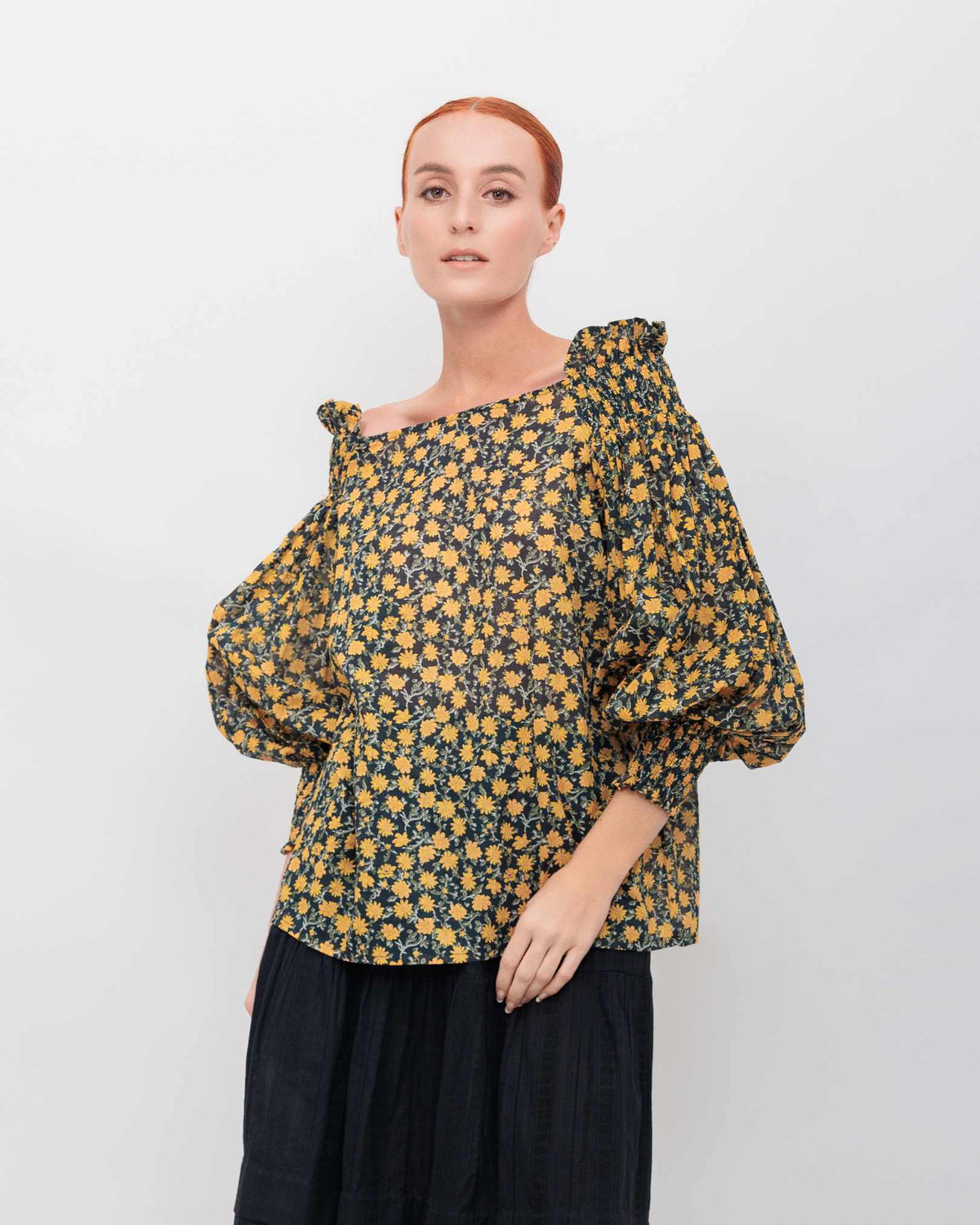 Off The Shoulder Ruffle Top in Orange Floral Cotton