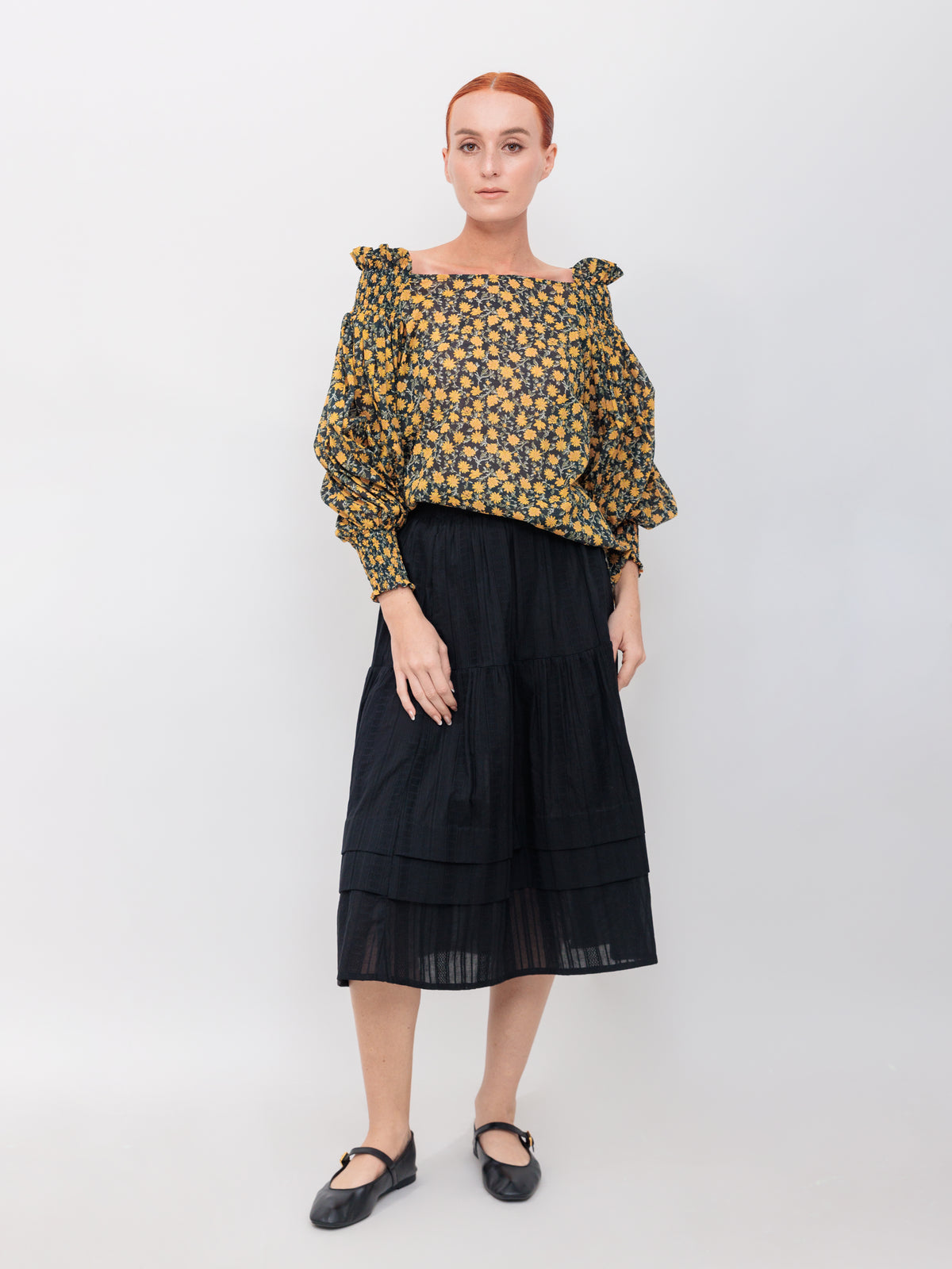 Off The Shoulder Ruffle Top in Orange Floral Cotton