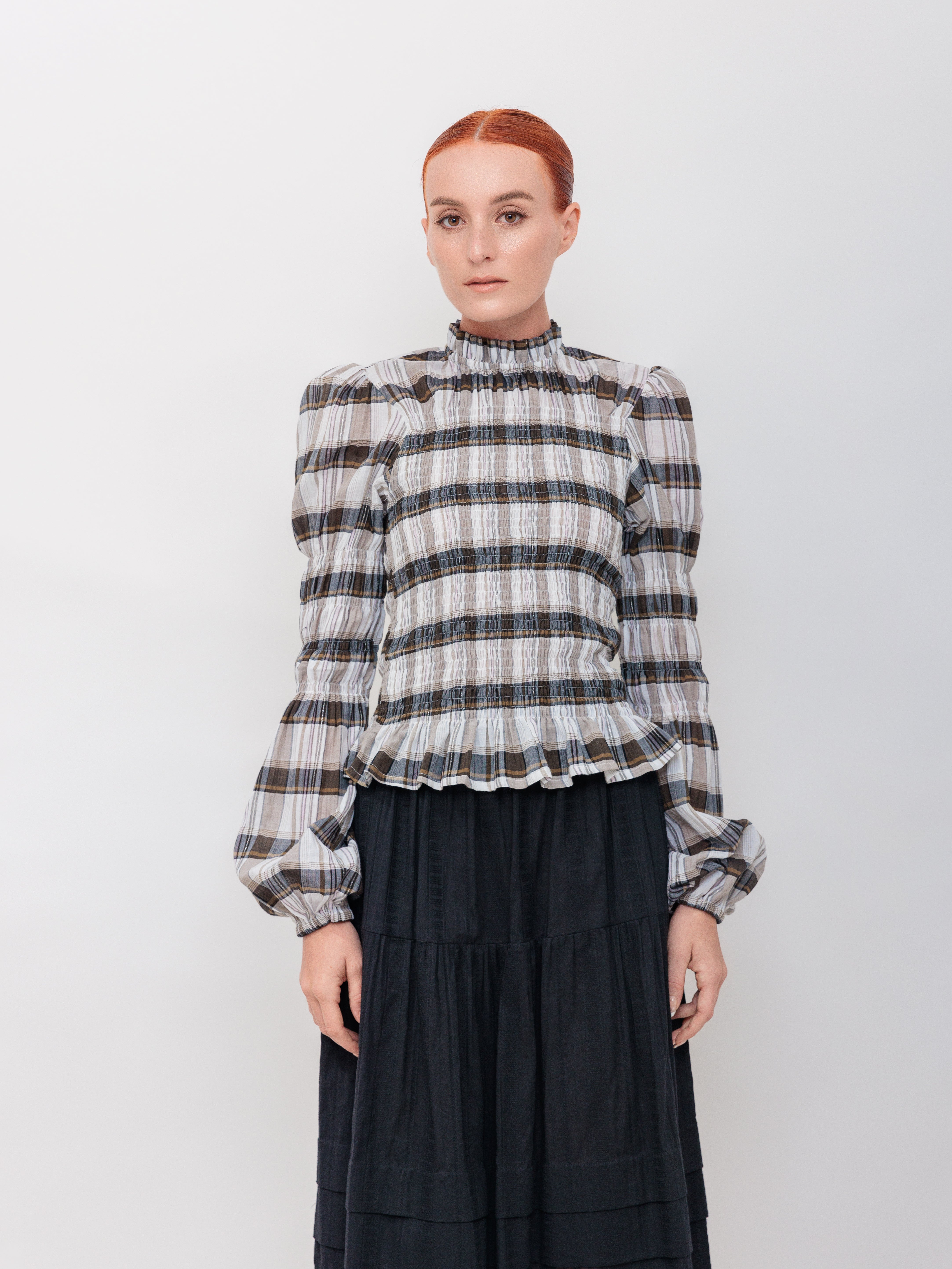 Shirred Turtleneck in Black Cotton Gauze Windowpane