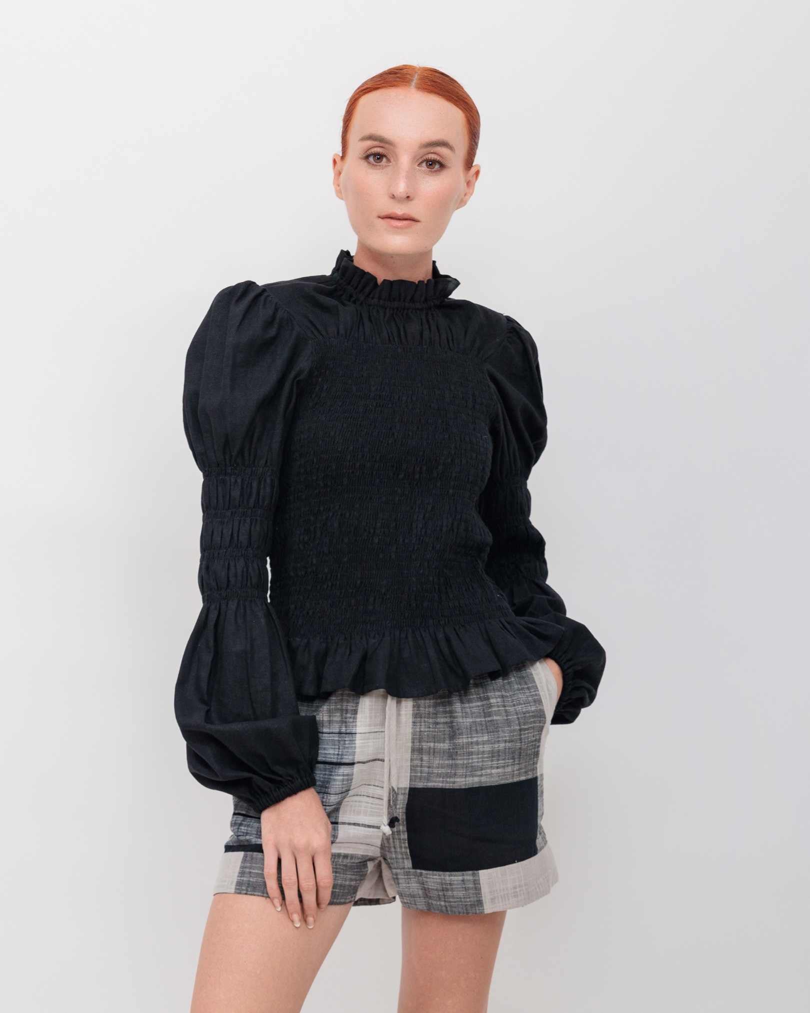 Shirred Turtleneck in Black Cotton