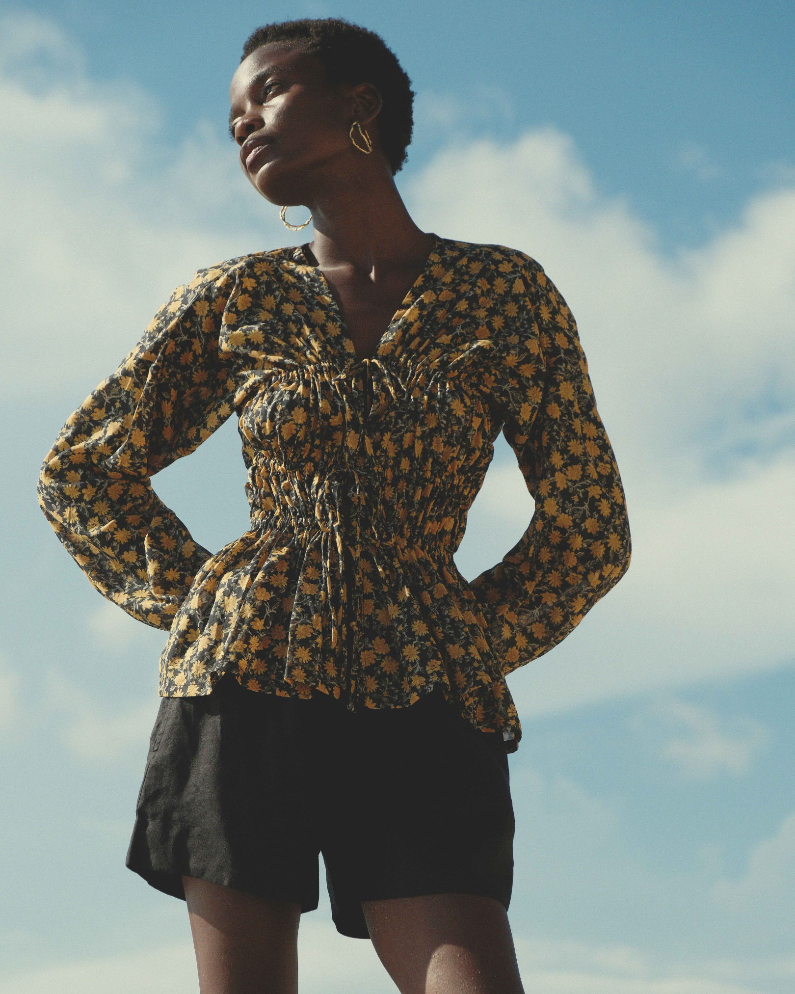 Long Sleeve 3-Tier Bias Cut Top in Orange Floral Cotton