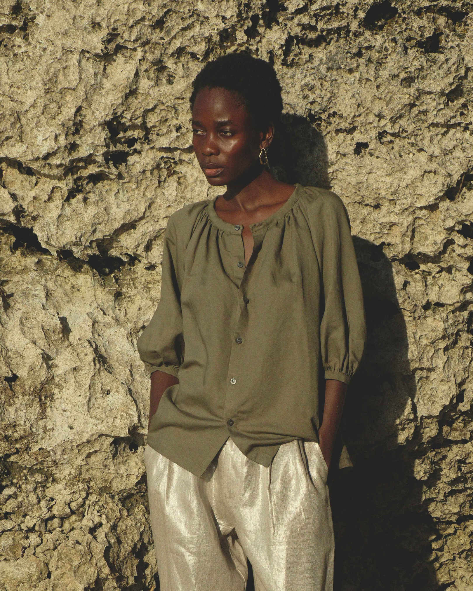 Button-Down Top in Army Green Linen